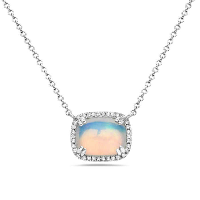 Bassali of New York 1.12 Carat Opal and Natural Diamond Necklace | 14k White Gold