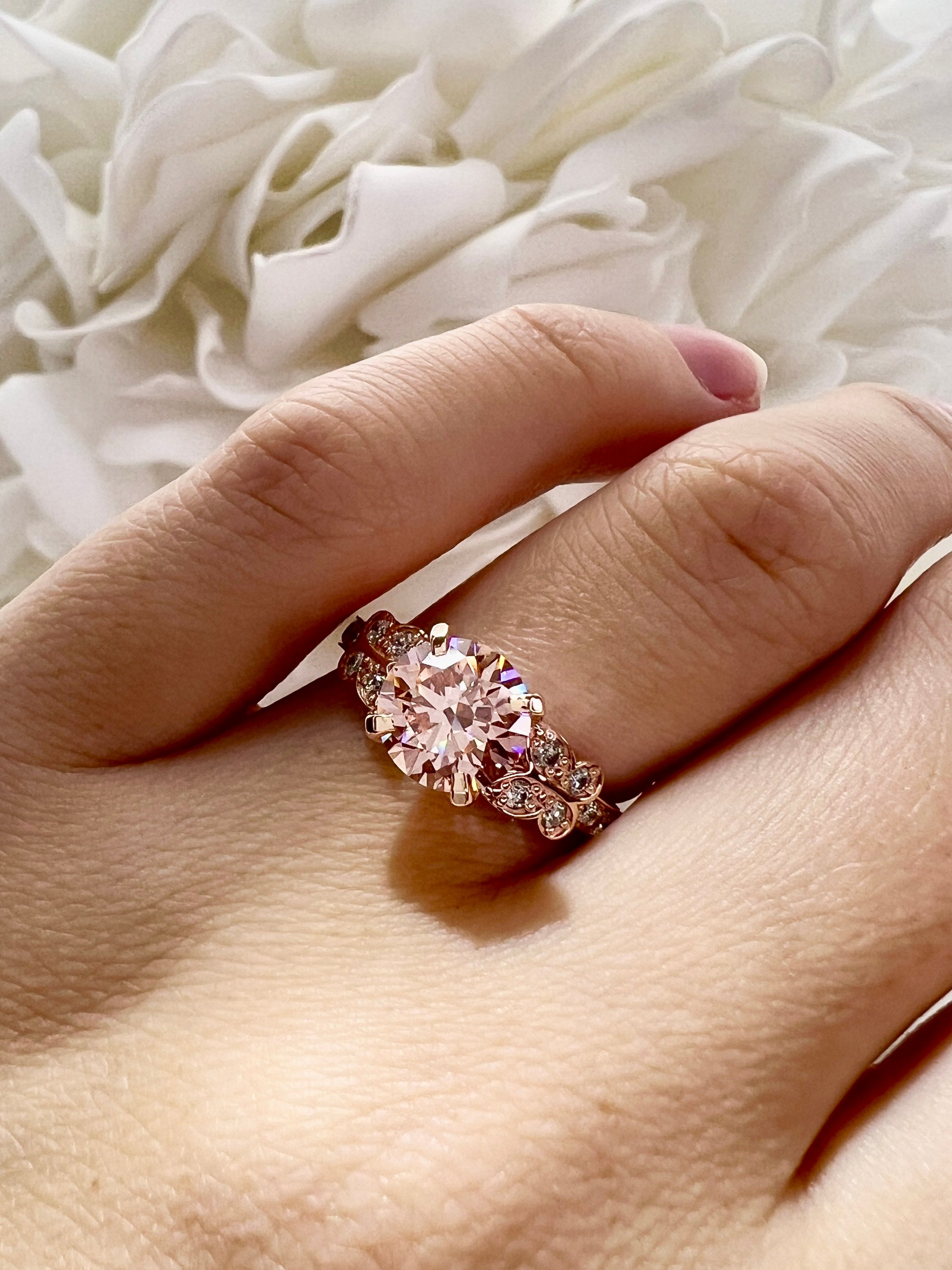 Vintage 1.80 Carat Pink Lab Grown Diamond Butterfly Engagement Ring | 14k Rose Gold
