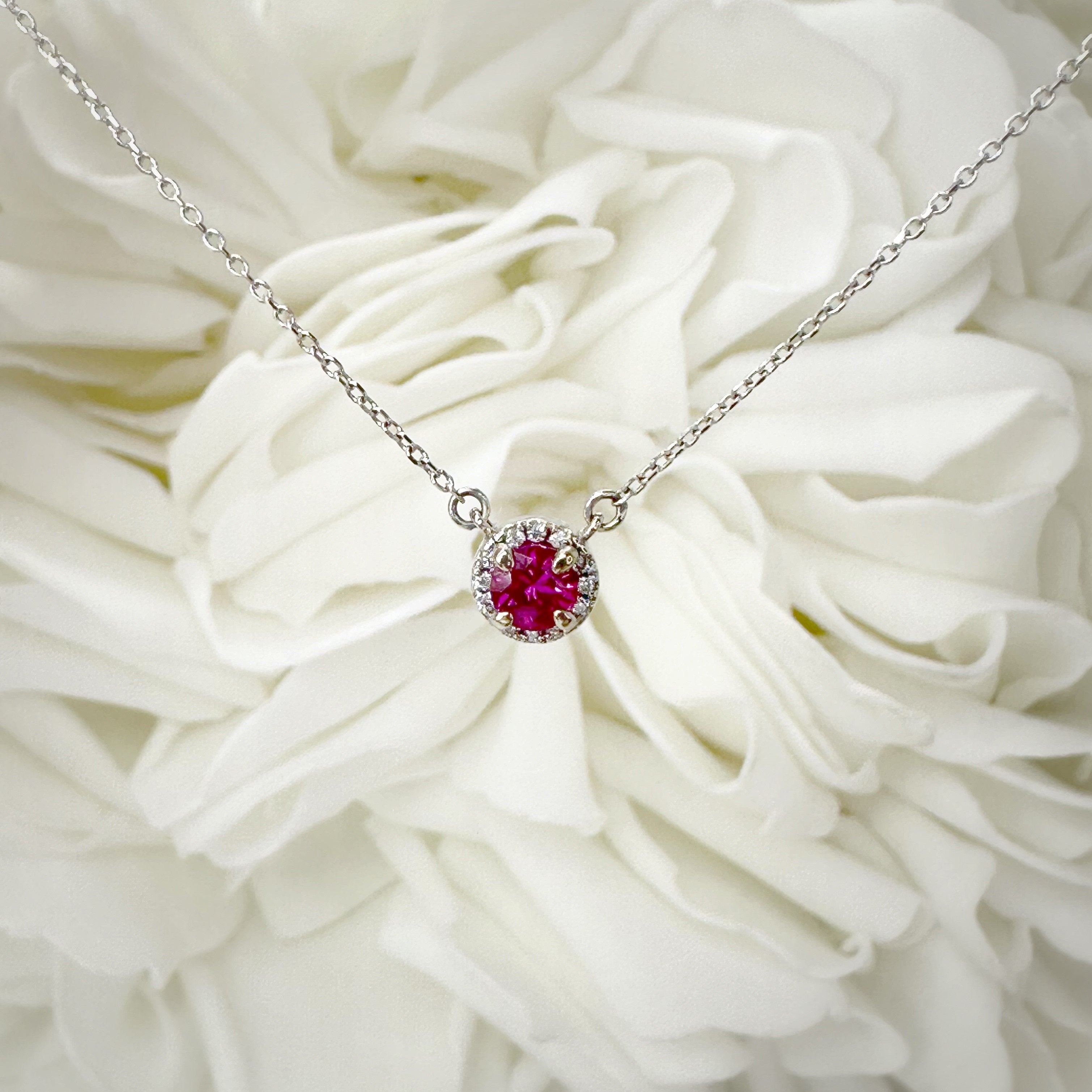 Natural Ruby & Diamond Halo Necklace | 14k White Gold