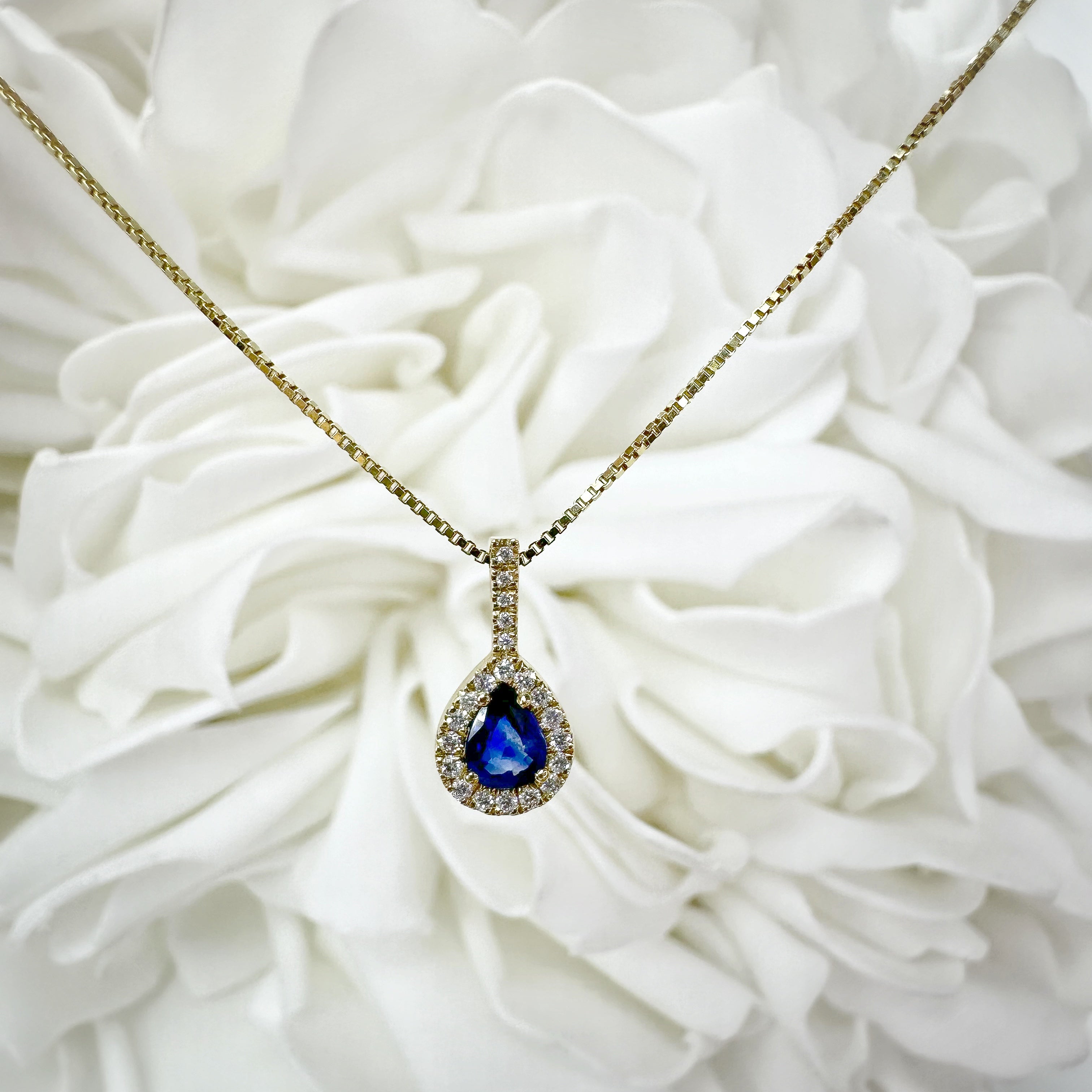 Natural Pear Cut Sapphire & Diamond Halo Pendant | 14k Yellow Gold