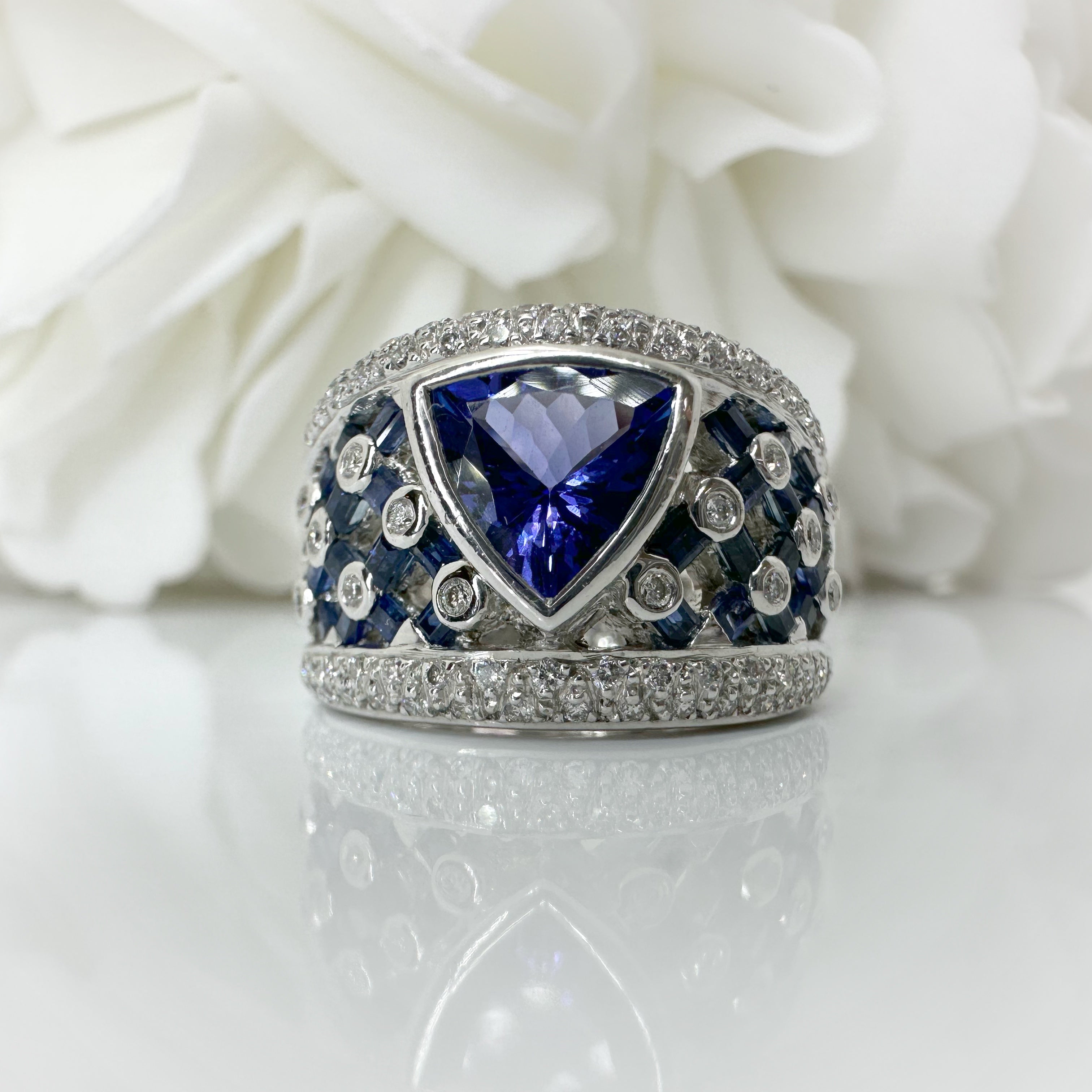 Vintage 1.58 Carat Trillion Cut Tanzanite, Sapphire, and Diamond Ring | 18k White Gold