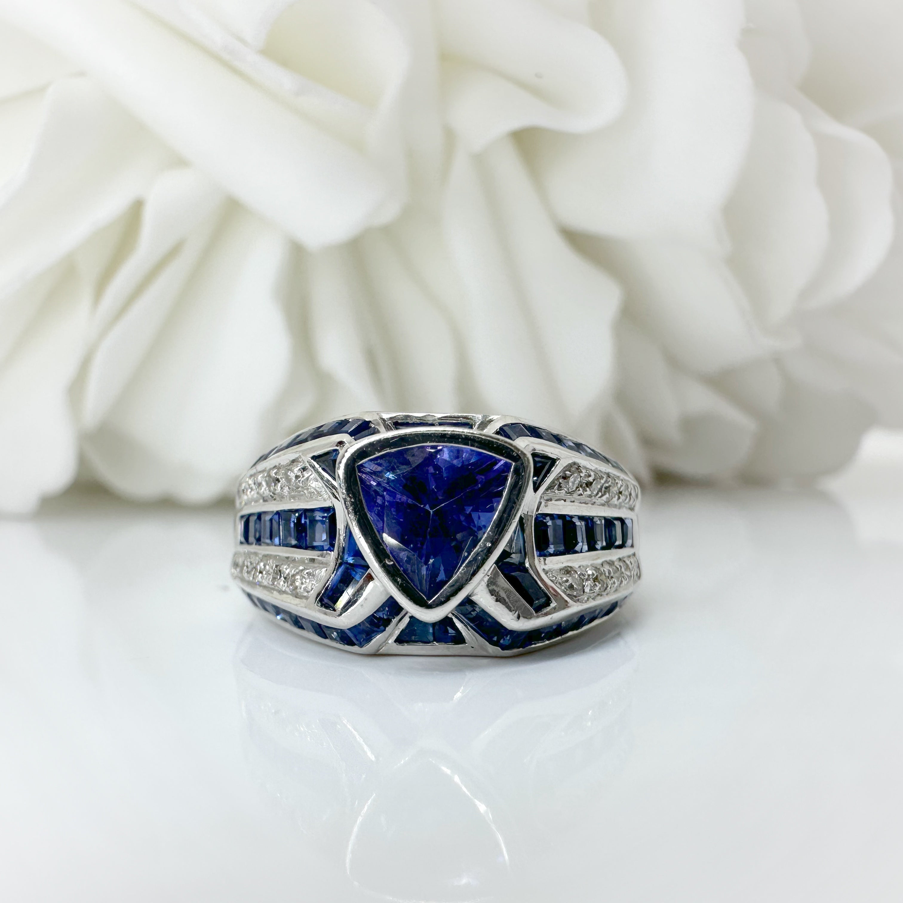 Vintage 1.19 Carat Trillion Cut Tanzanite, Sapphire and Diamond Ring | 18k White Gold