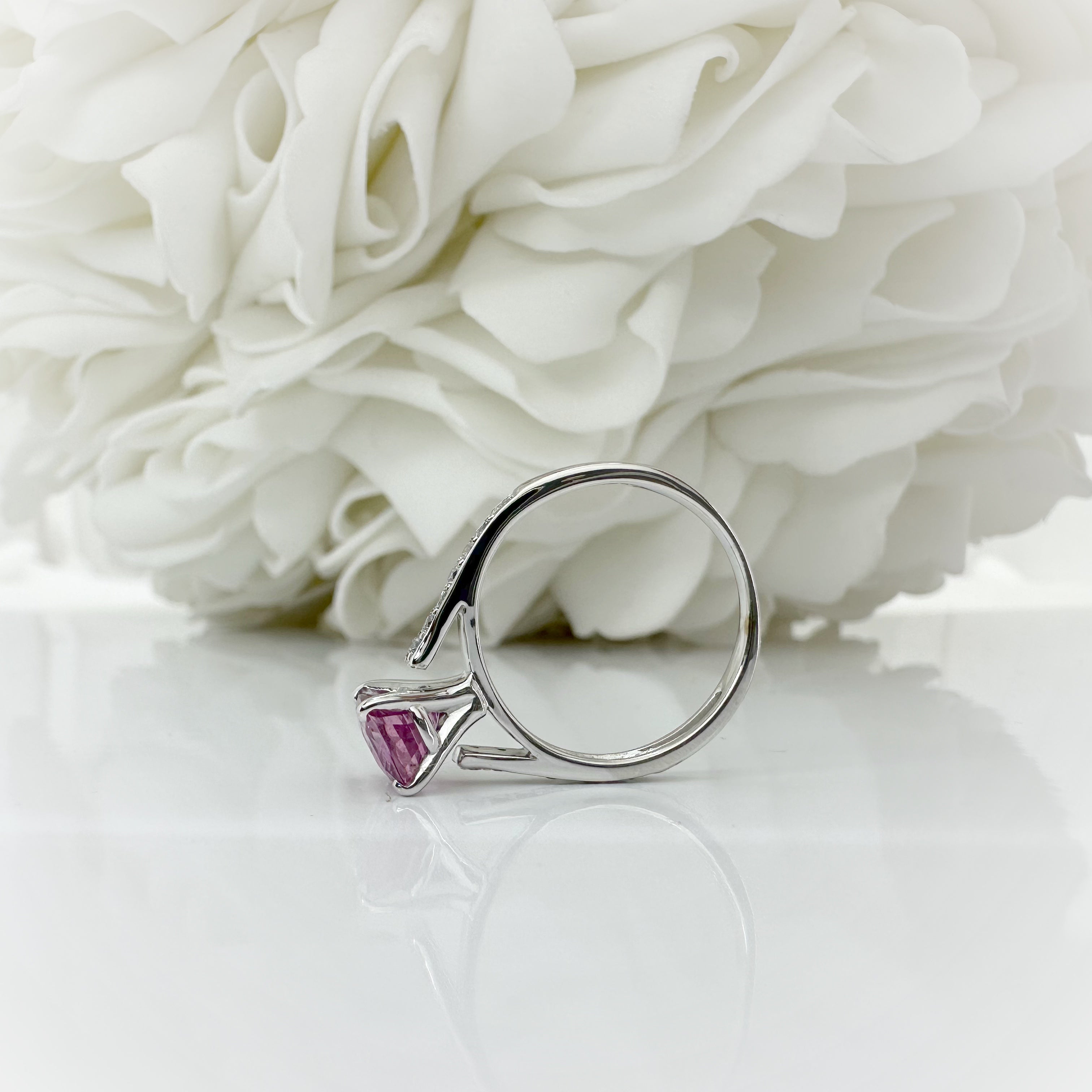 Vintage Pink Sapphire & Diamond Ring | 14k White Gold