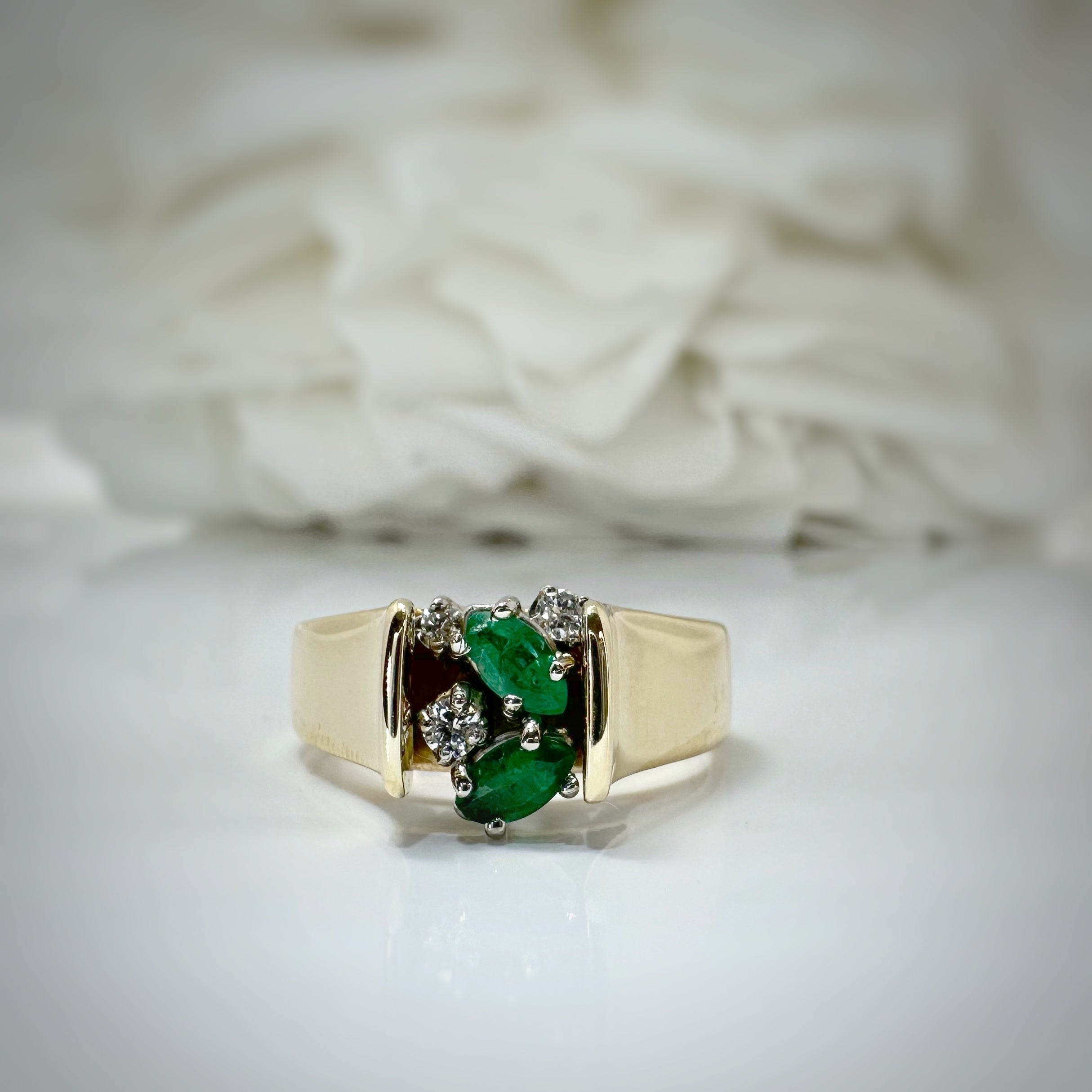 Vintage Emerald Marquise & Diamond Ring | 14k Yellow Gold