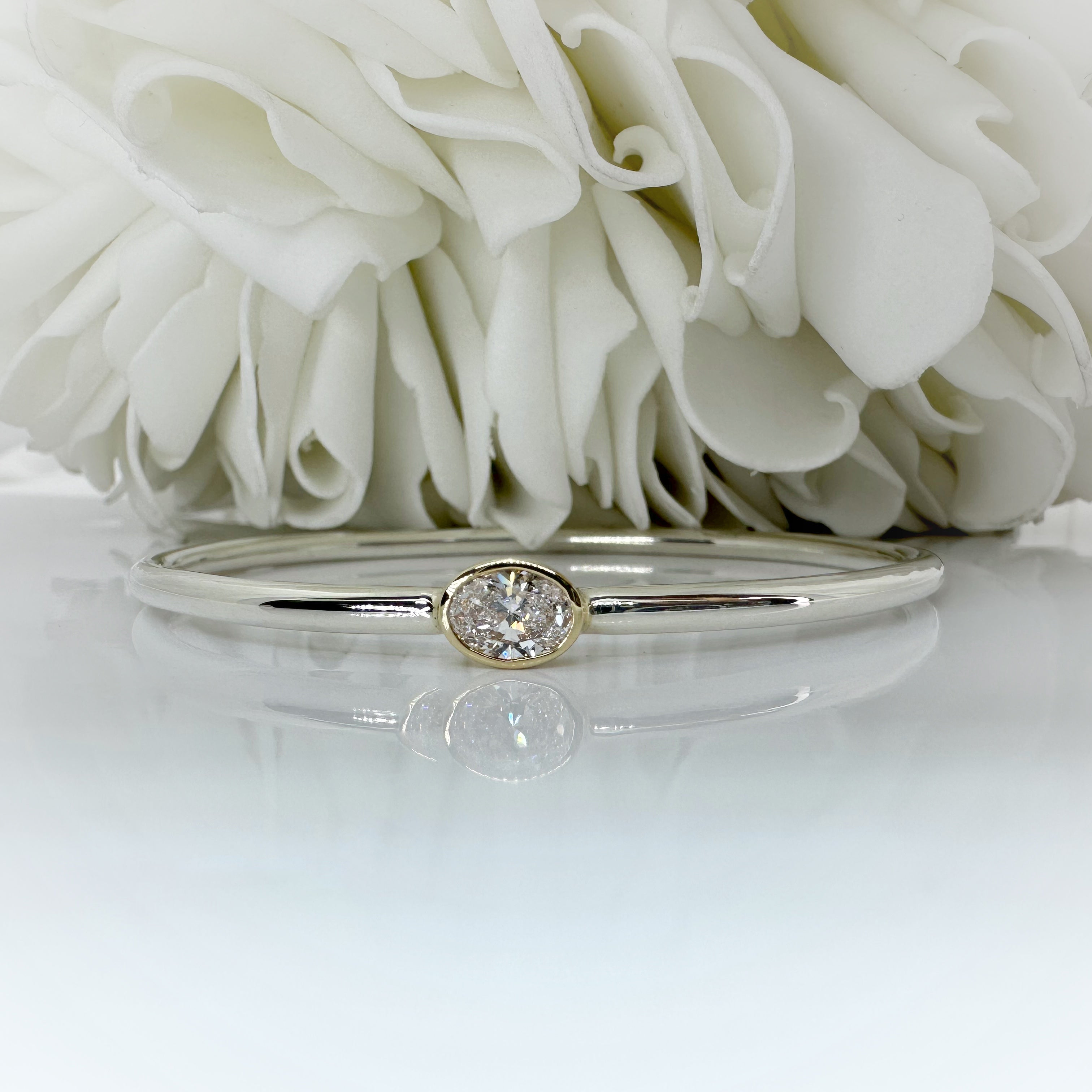 TJ's Custom 1.05 Carat Bezel Set Oval Lab Grown Diamond Bangle | Sterling Silver & 10k Yellow Gold