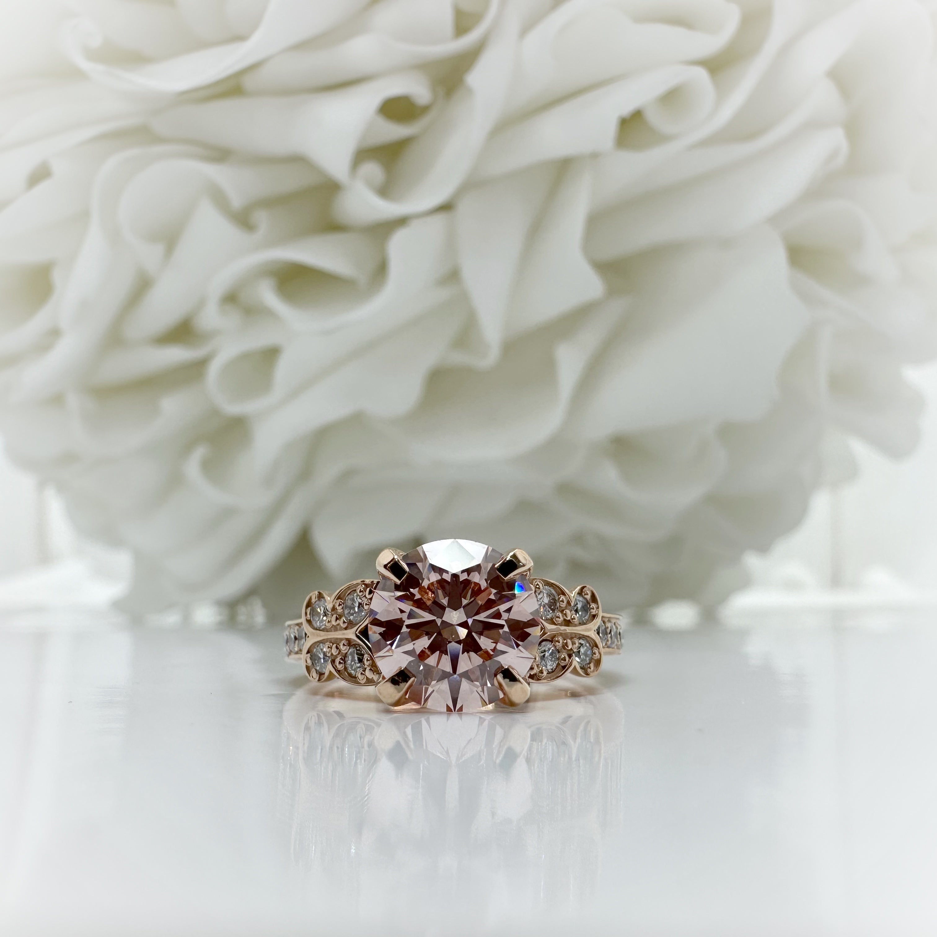 Vintage 1.80 Carat Pink Lab Grown Diamond Butterfly Engagement Ring | 14k Rose Gold