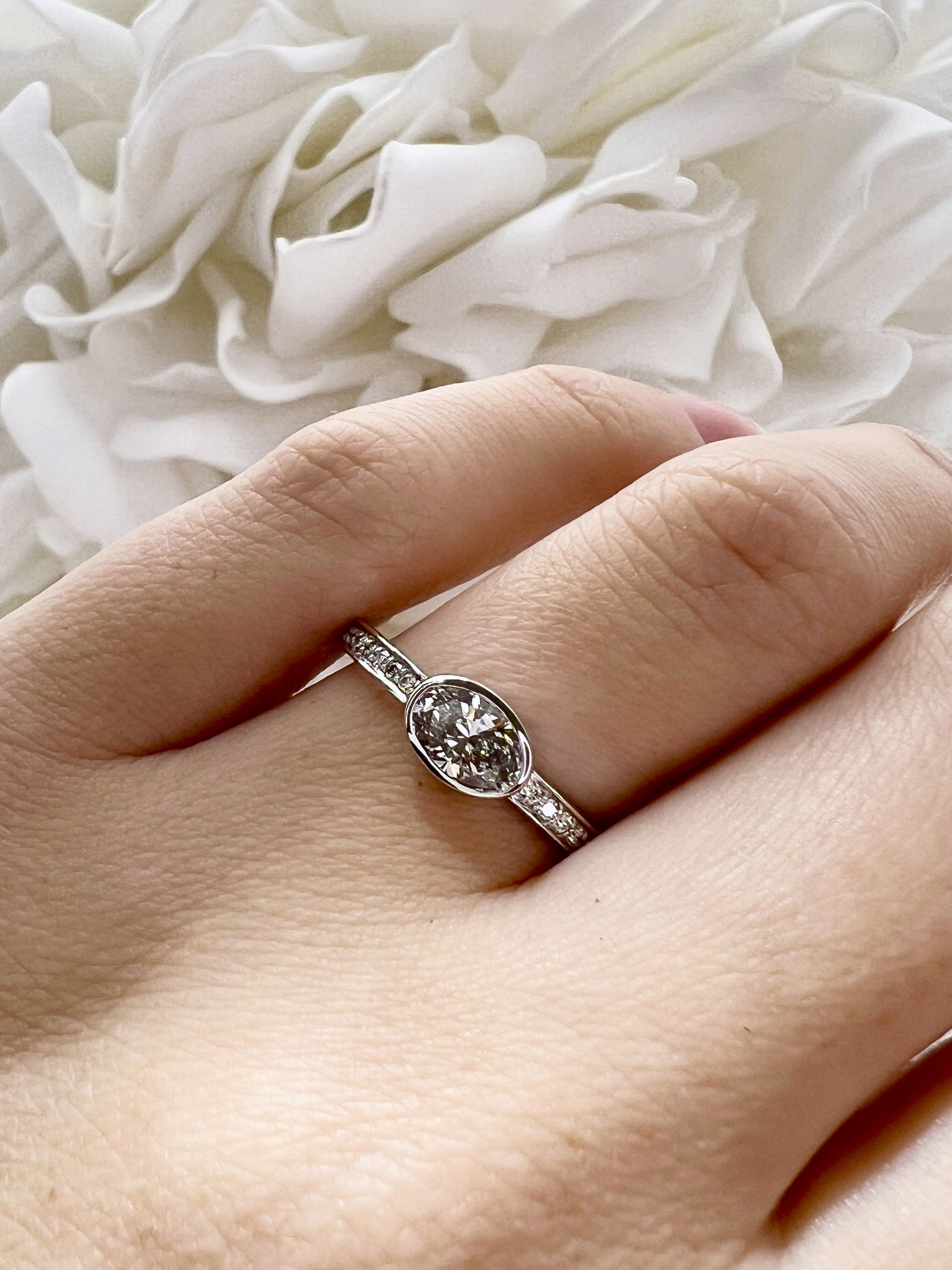 0.726 Carat Bezel Set Oval Cut Lab Grown Diamond Engagement Ring | 14k White Gold