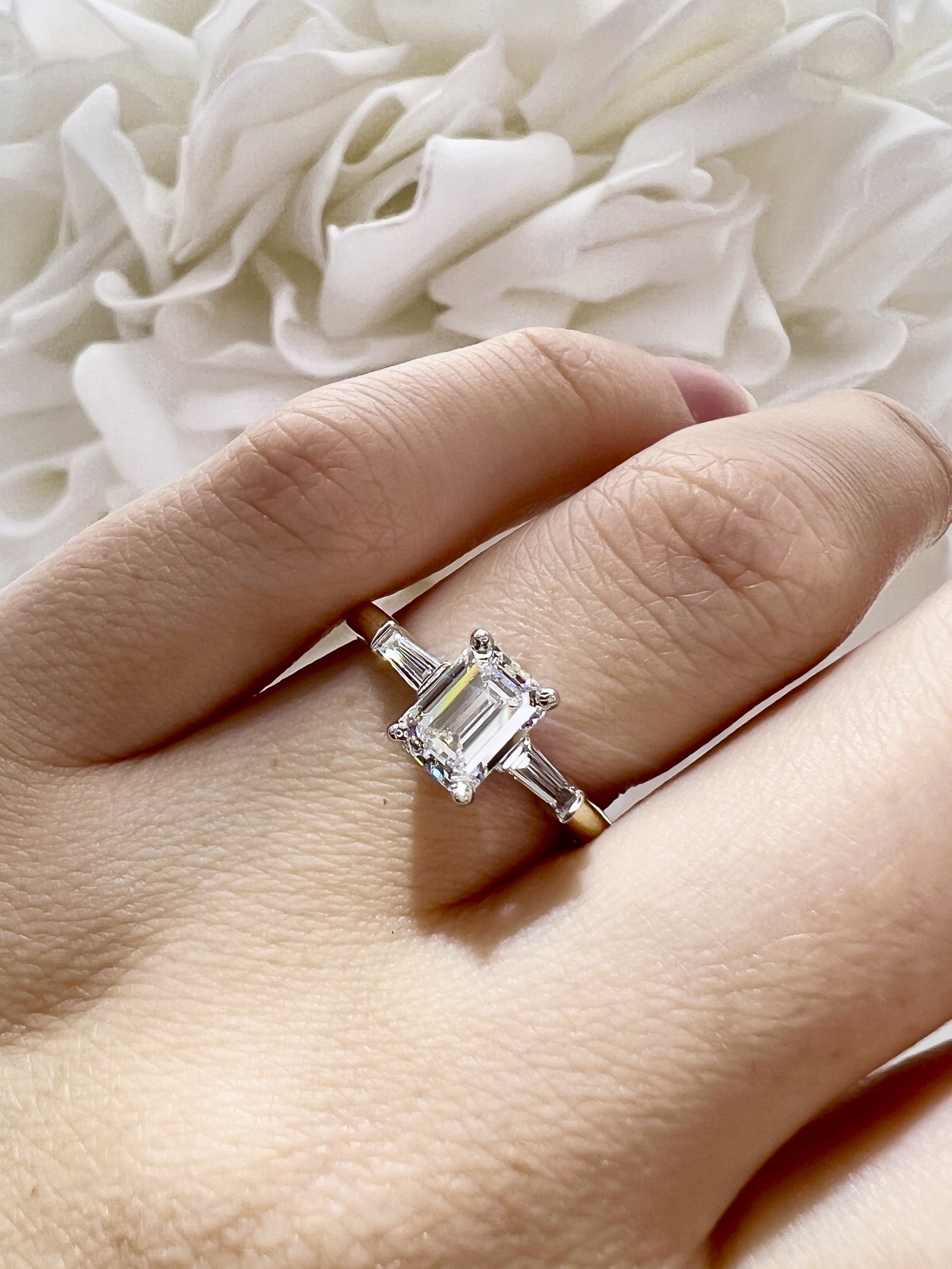 1.21 Carat Lab Grown Emerald Three Stone Diamond Engagement Ring | 14k White & Yellow Gold