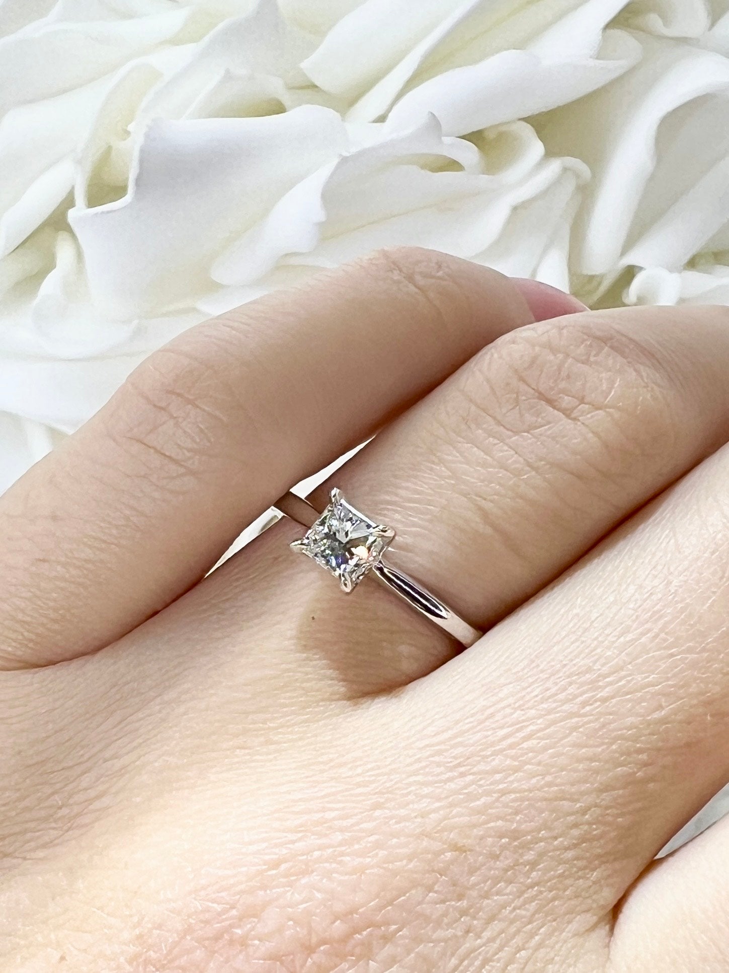 0.575 Carat Princess Cut Natural Diamond Engagement Ring | 14k White Gold