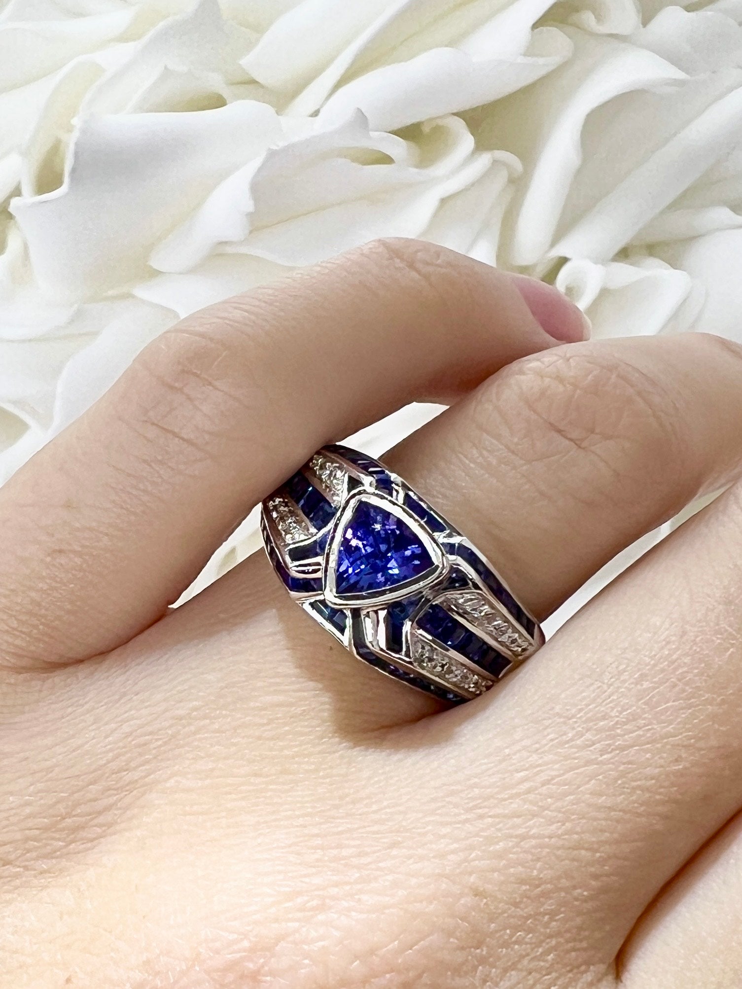 Vintage 1.19 Carat Trillion Cut Tanzanite, Sapphire and Diamond Ring | 18k White Gold