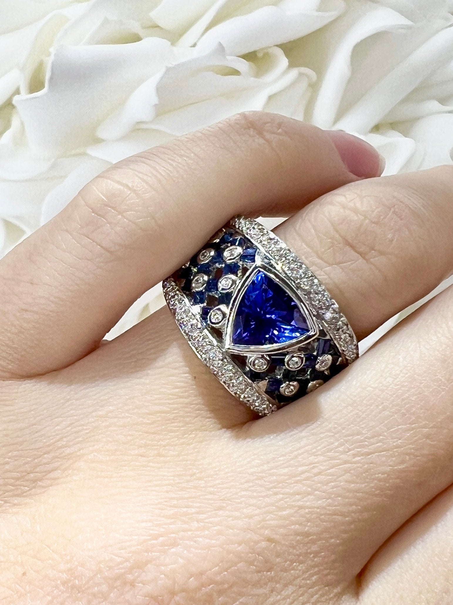 Vintage 1.58 Carat Trillion Cut Tanzanite, Sapphire, and Diamond Ring | 18k White Gold