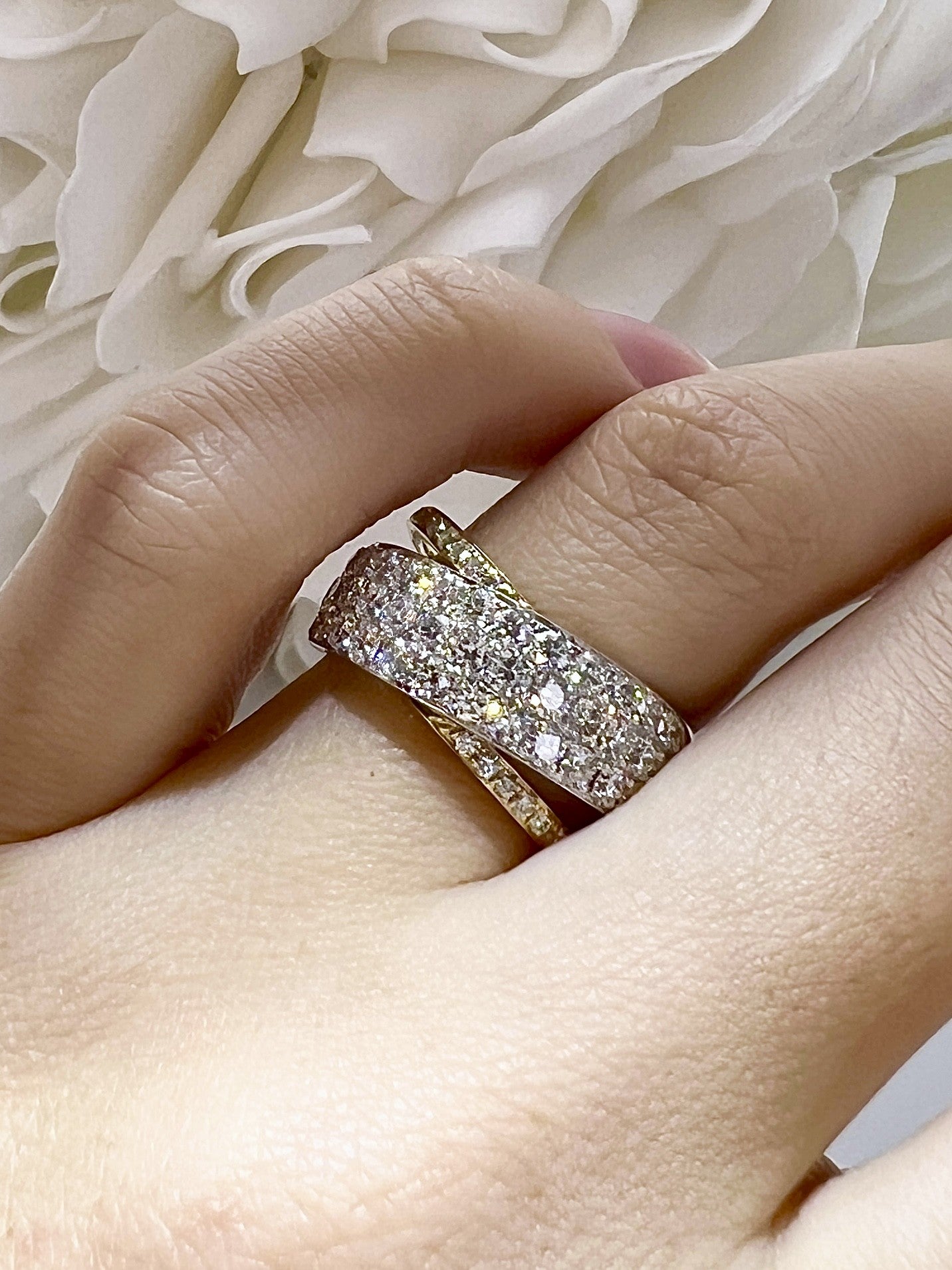 'Cross Over' Pave Set Diamond Ring | 14k White & Yellow Gold