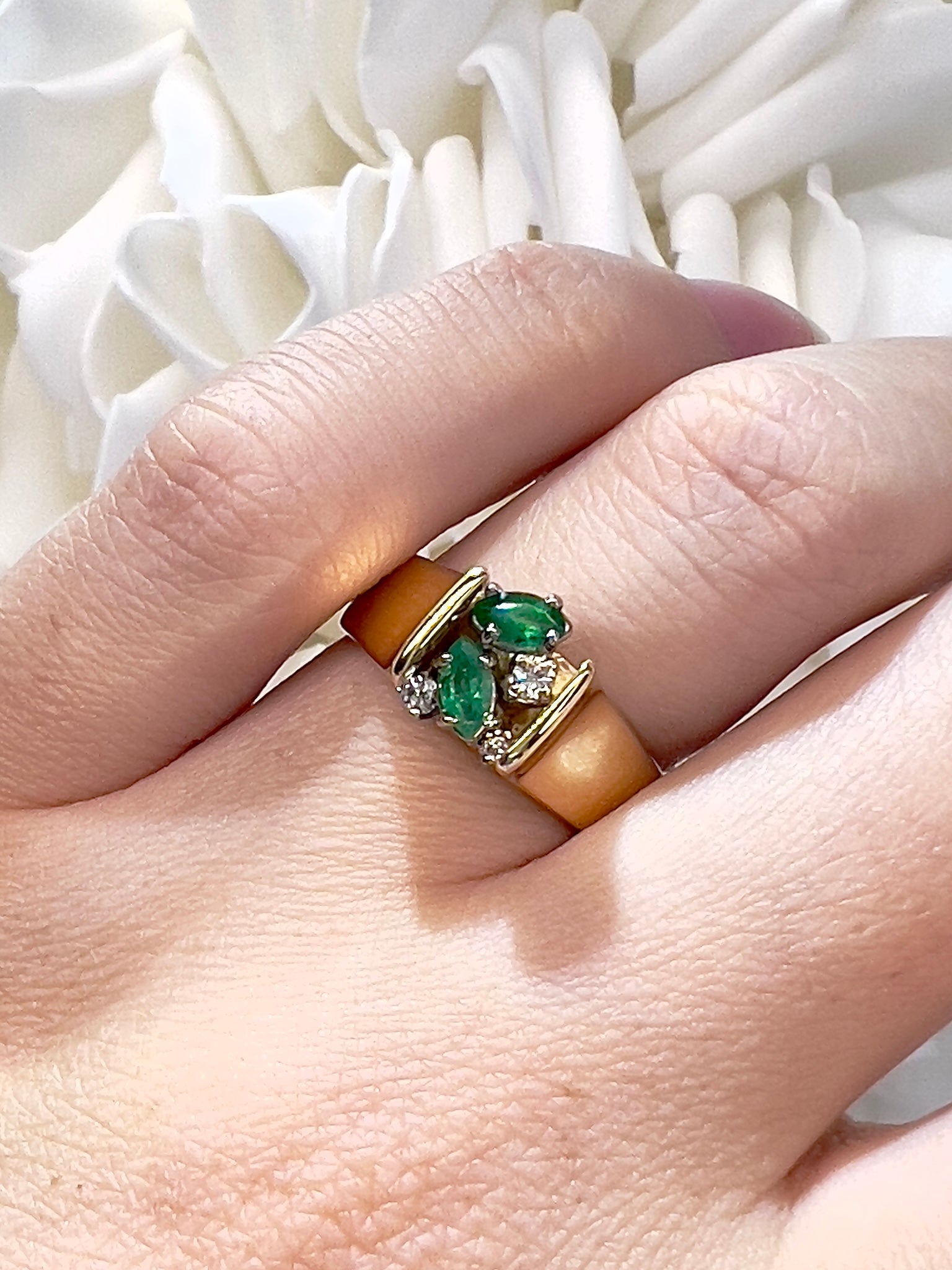 Vintage Emerald Marquise & Diamond Ring | 14k Yellow Gold