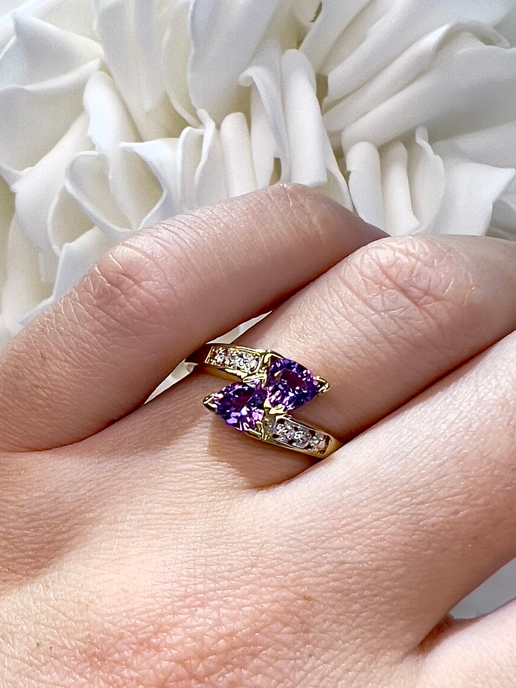 Vintage Trillion Amethyst & Diamond Ring | 10k Yellow Gold