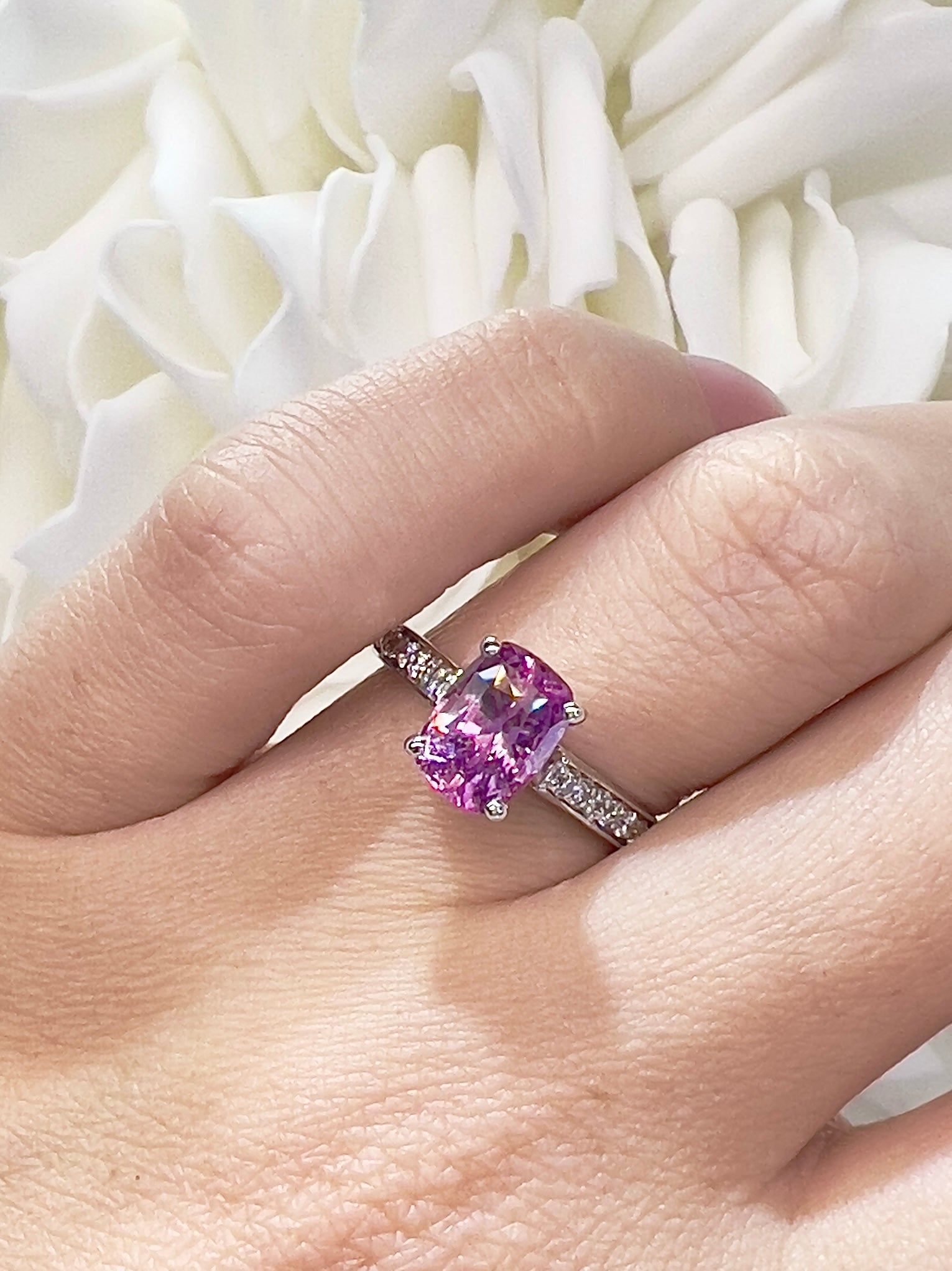 Vintage Pink Sapphire & Diamond Ring | 14k White Gold