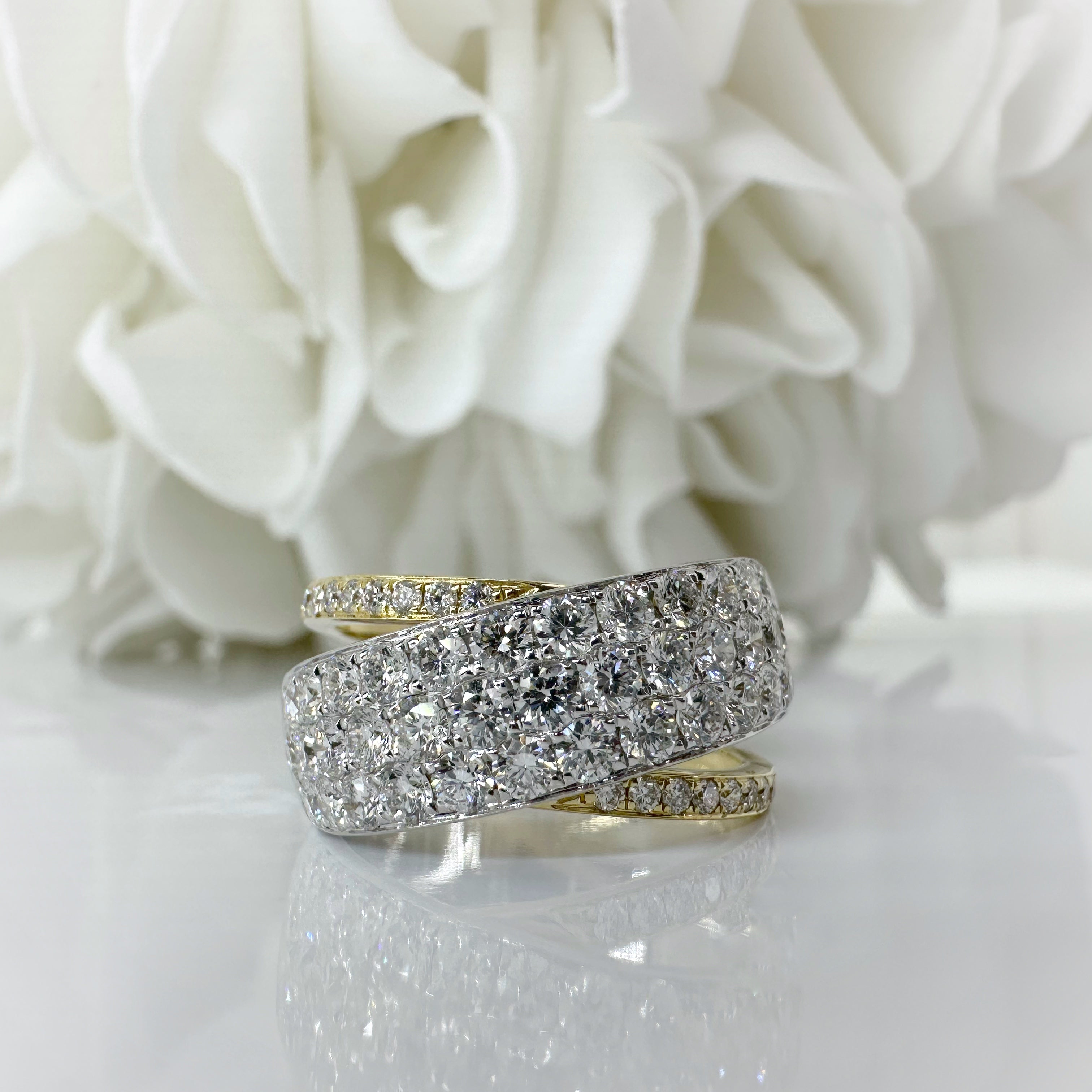 'Cross Over' Pave Set Diamond Ring | 14k White & Yellow Gold