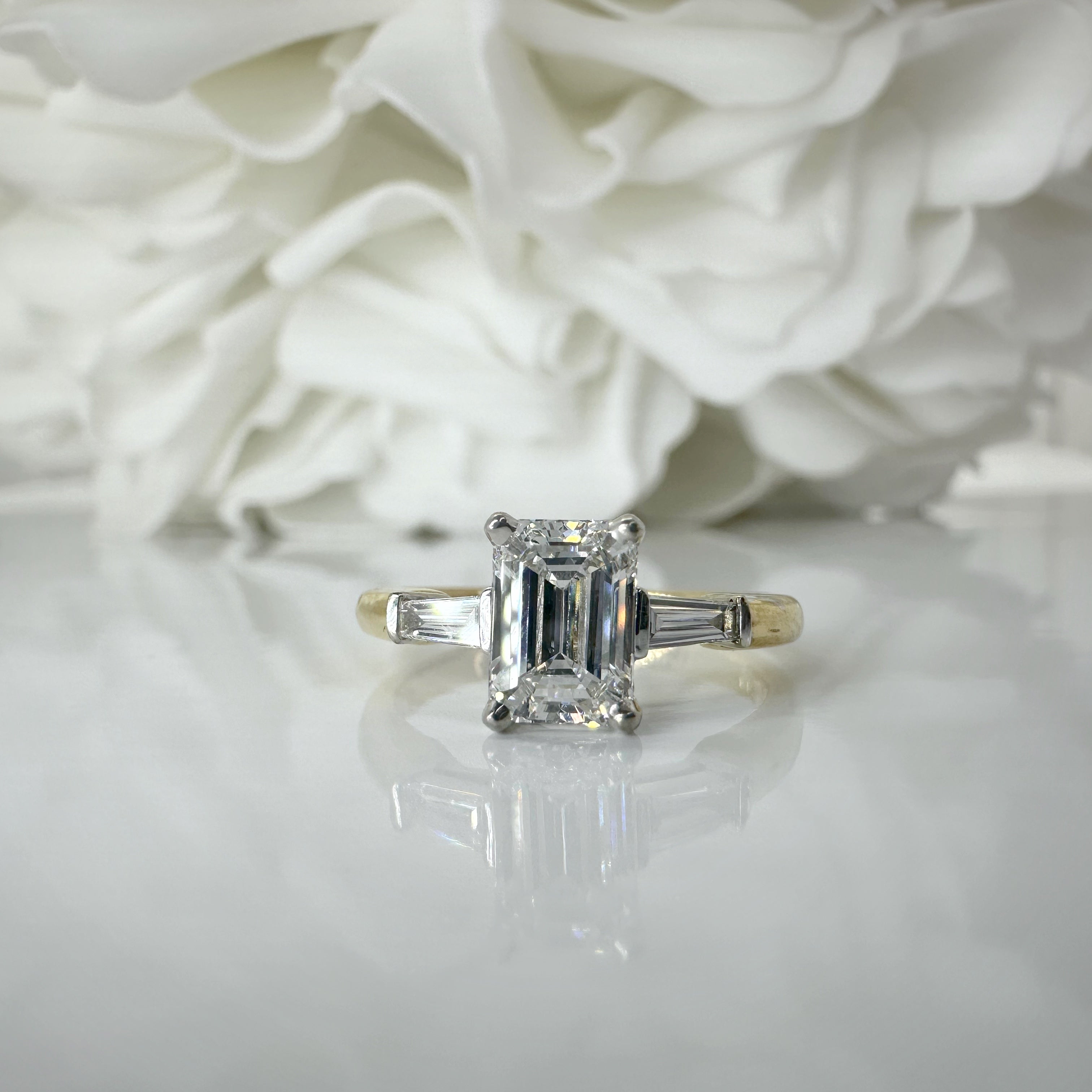 1.21 Carat Lab Grown Emerald Three Stone Diamond Engagement Ring | 14k White & Yellow Gold