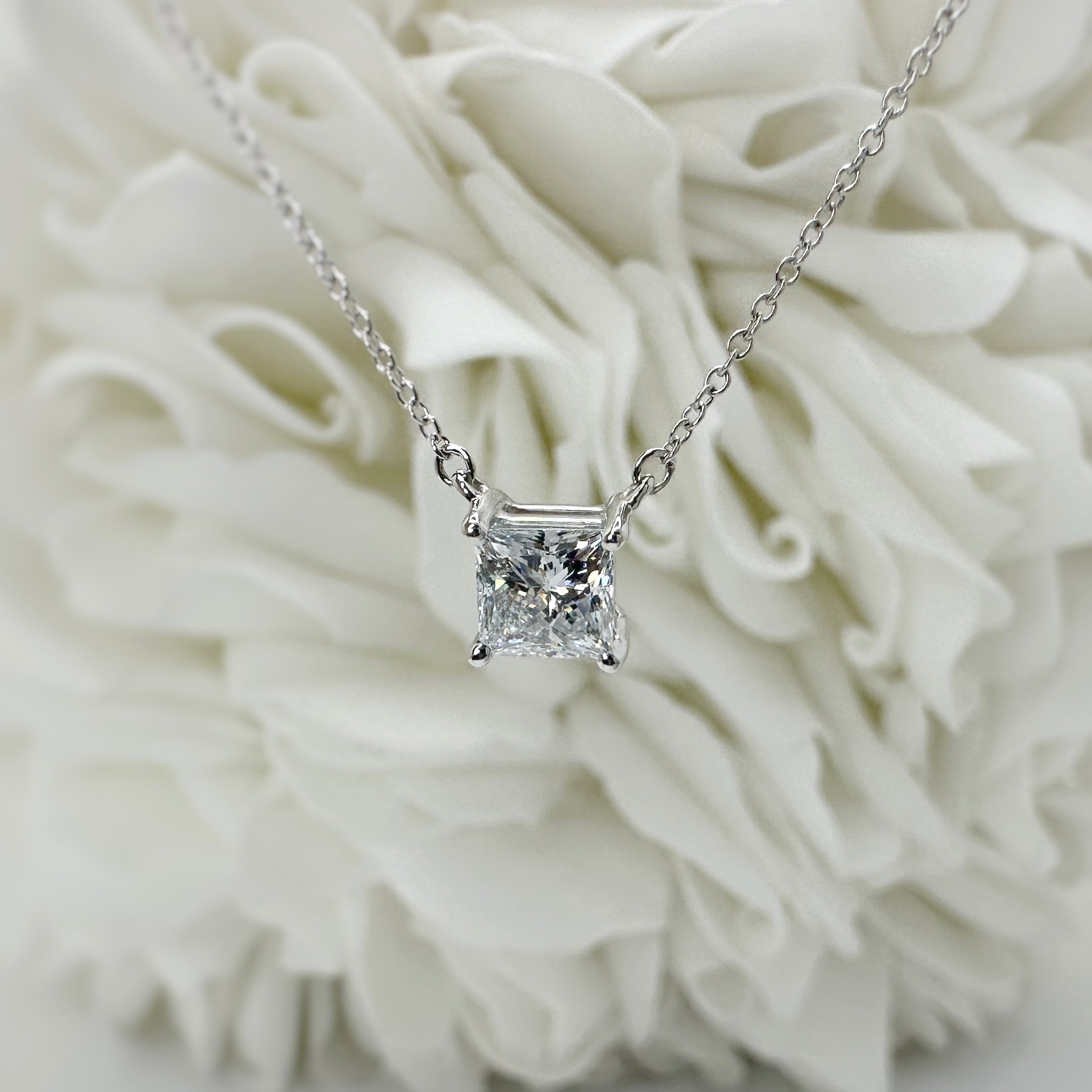 1.00 Carat Lab Grown Princess Cut Diamond Necklace | 14k White Gold