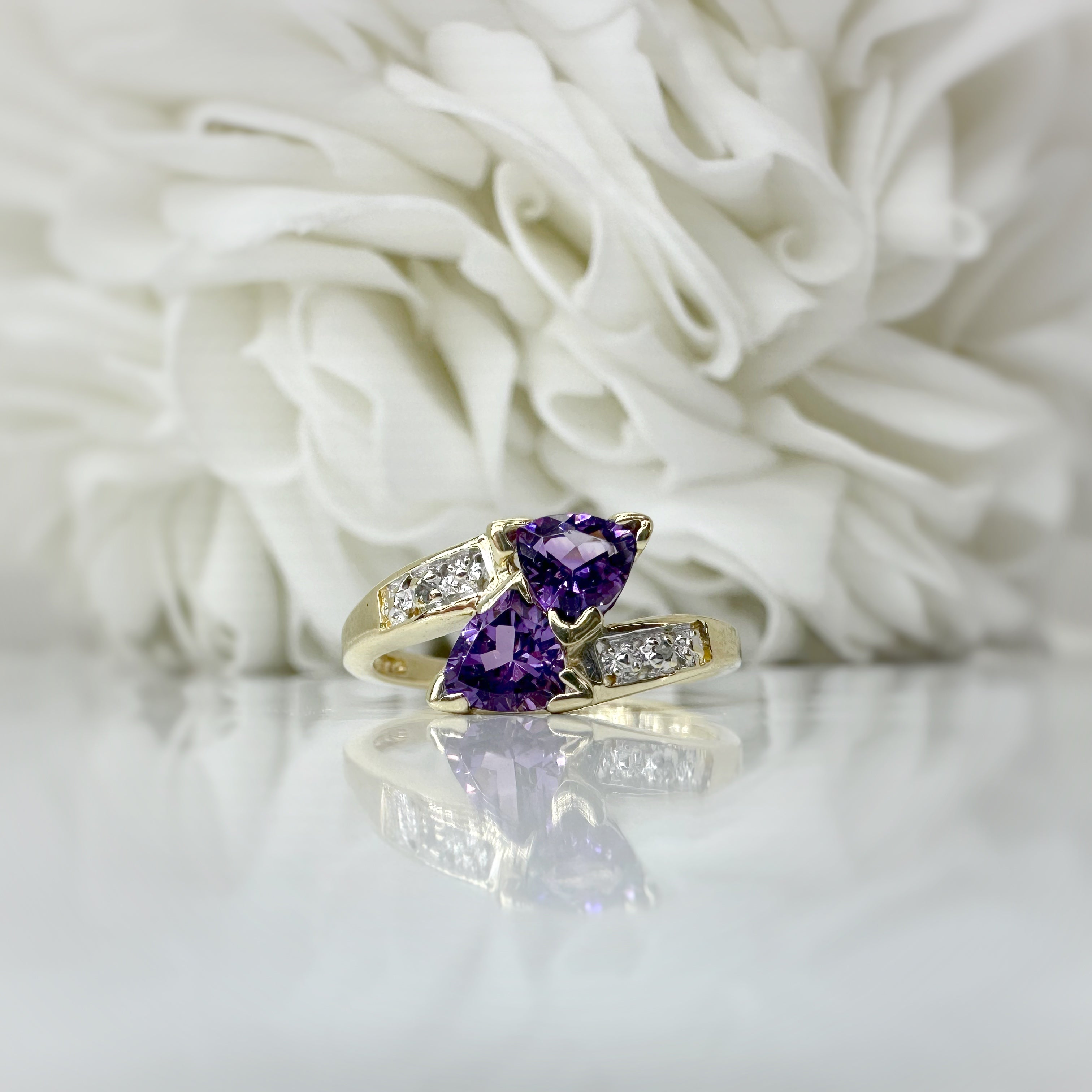 Vintage Trillion Amethyst & Diamond Ring | 10k Yellow Gold