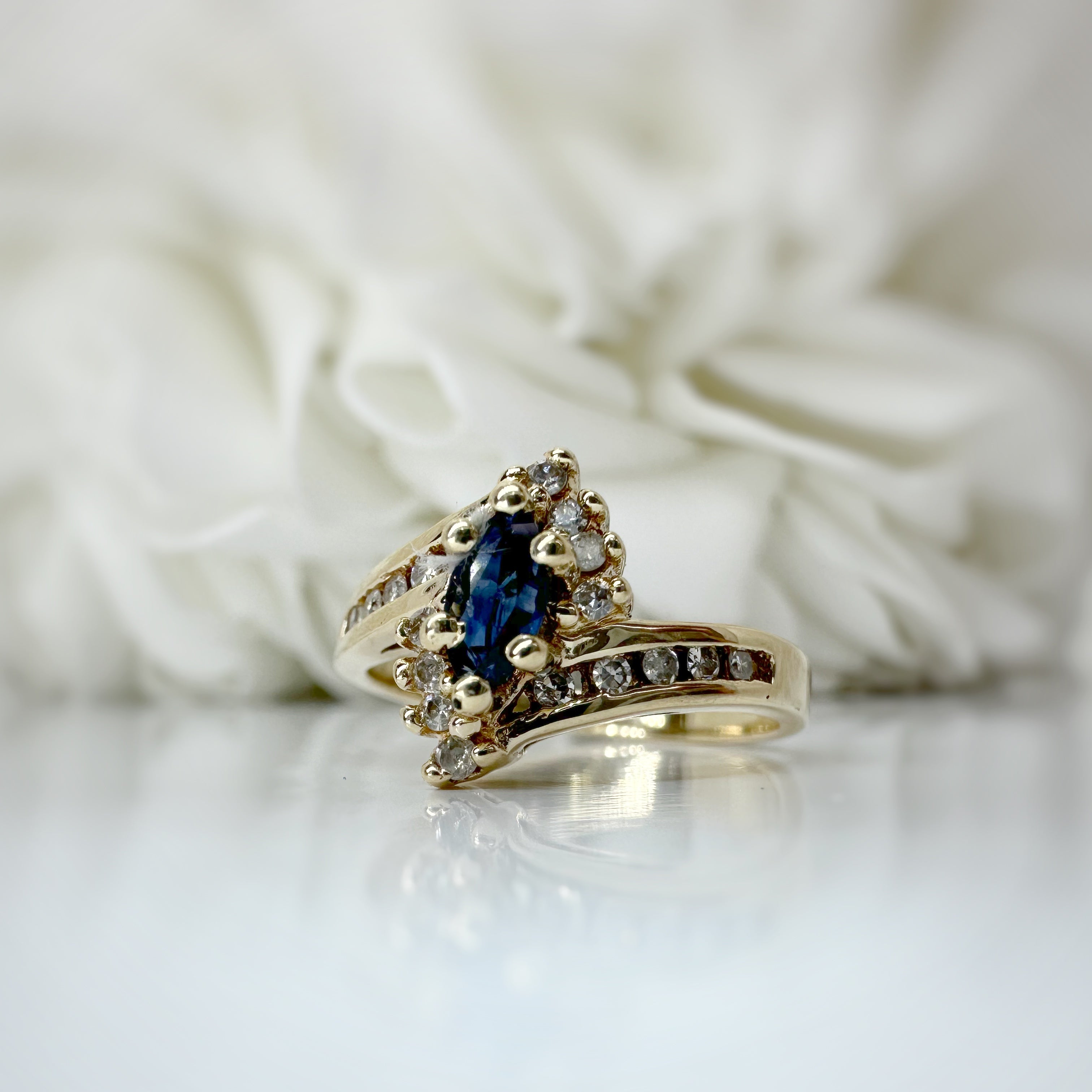 Vintage Marquise Sapphire & Diamond Ring | 10k Yellow Gold