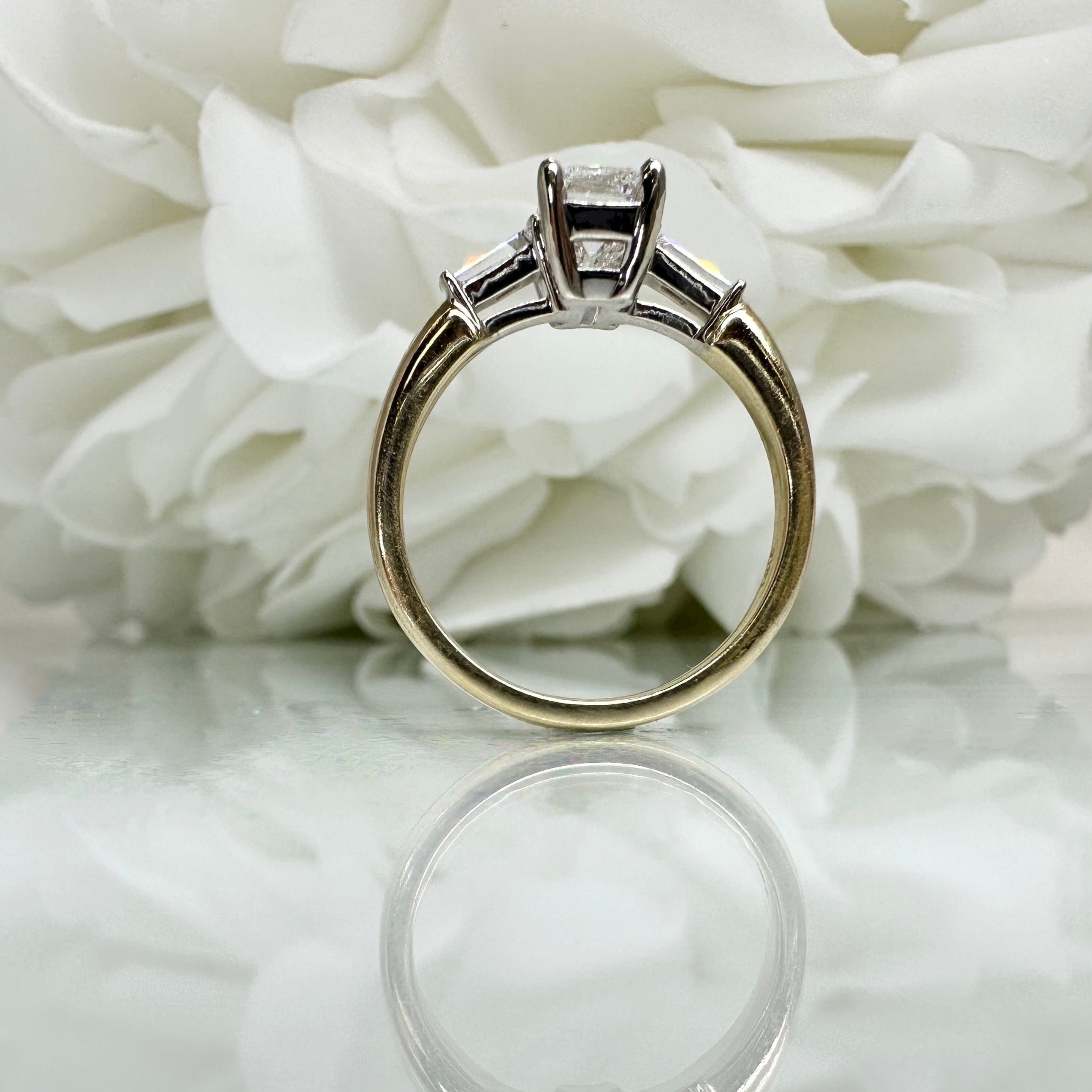 1.21 Carat Lab Grown Emerald Three Stone Diamond Engagement Ring | 14k White & Yellow Gold