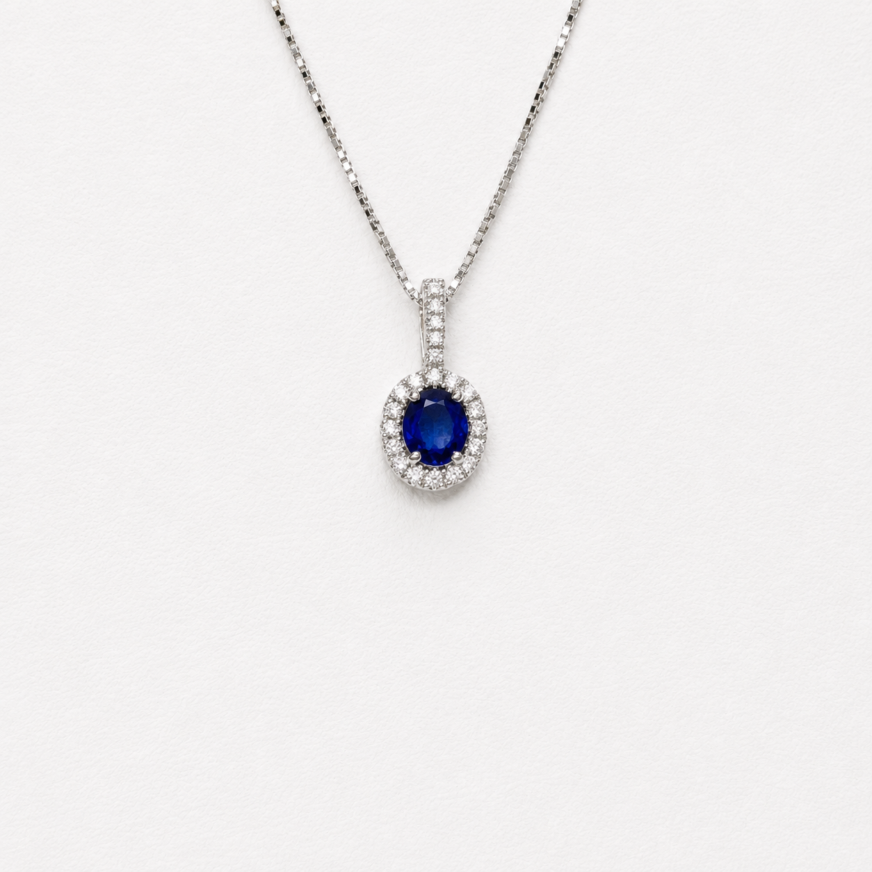 Natural Oval Cut Sapphire & Diamond Halo Pendant | 14K White Gold