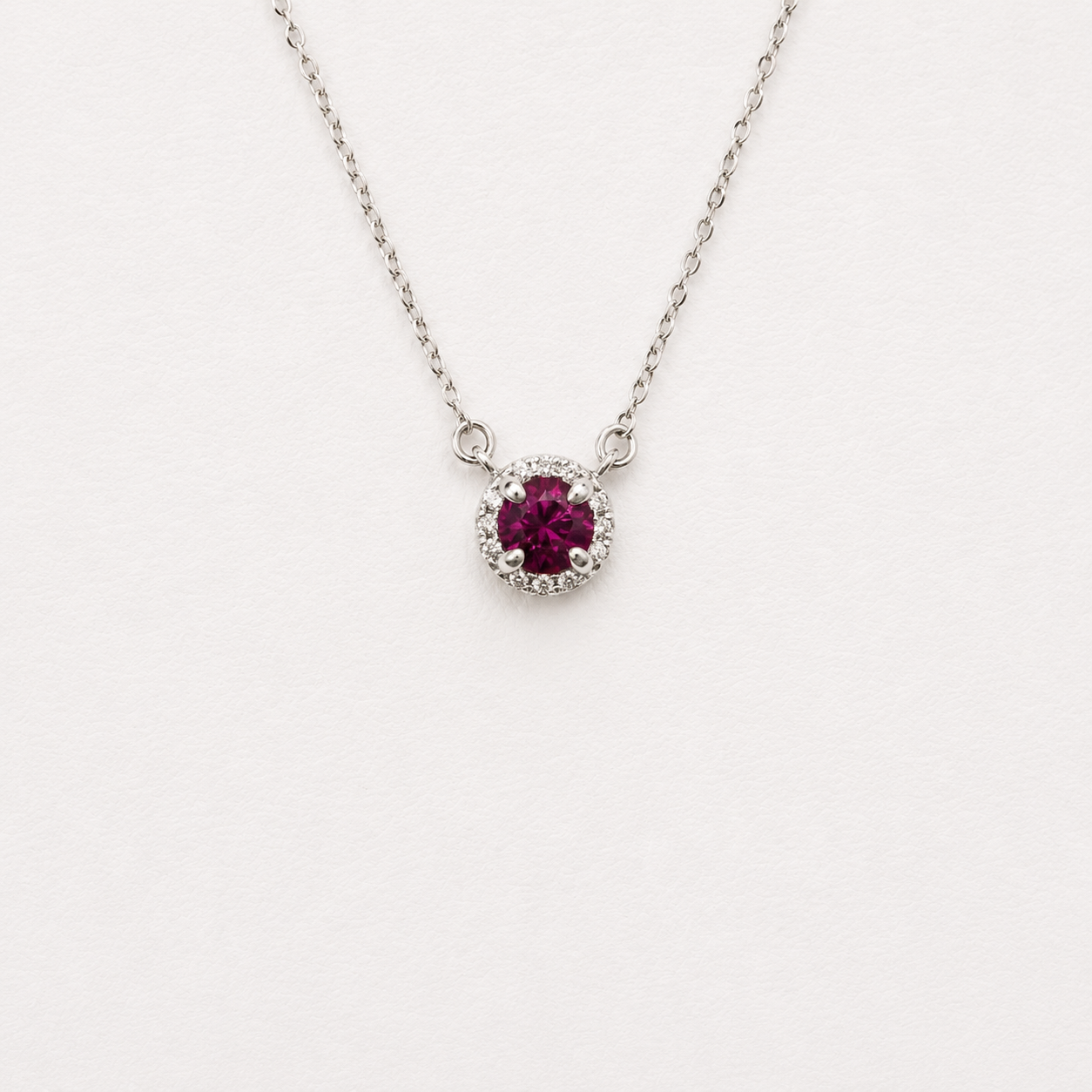 Natural Ruby & Diamond Halo Necklace | 14K White Gold