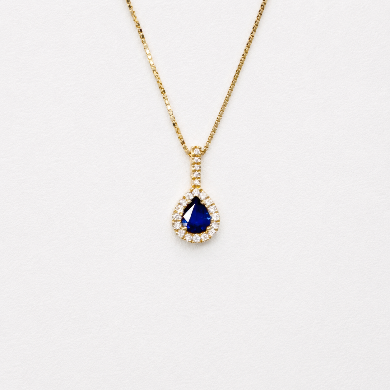 Natural Pear Cut Sapphire & Diamond Halo Pendant | 14K Yellow Gold
