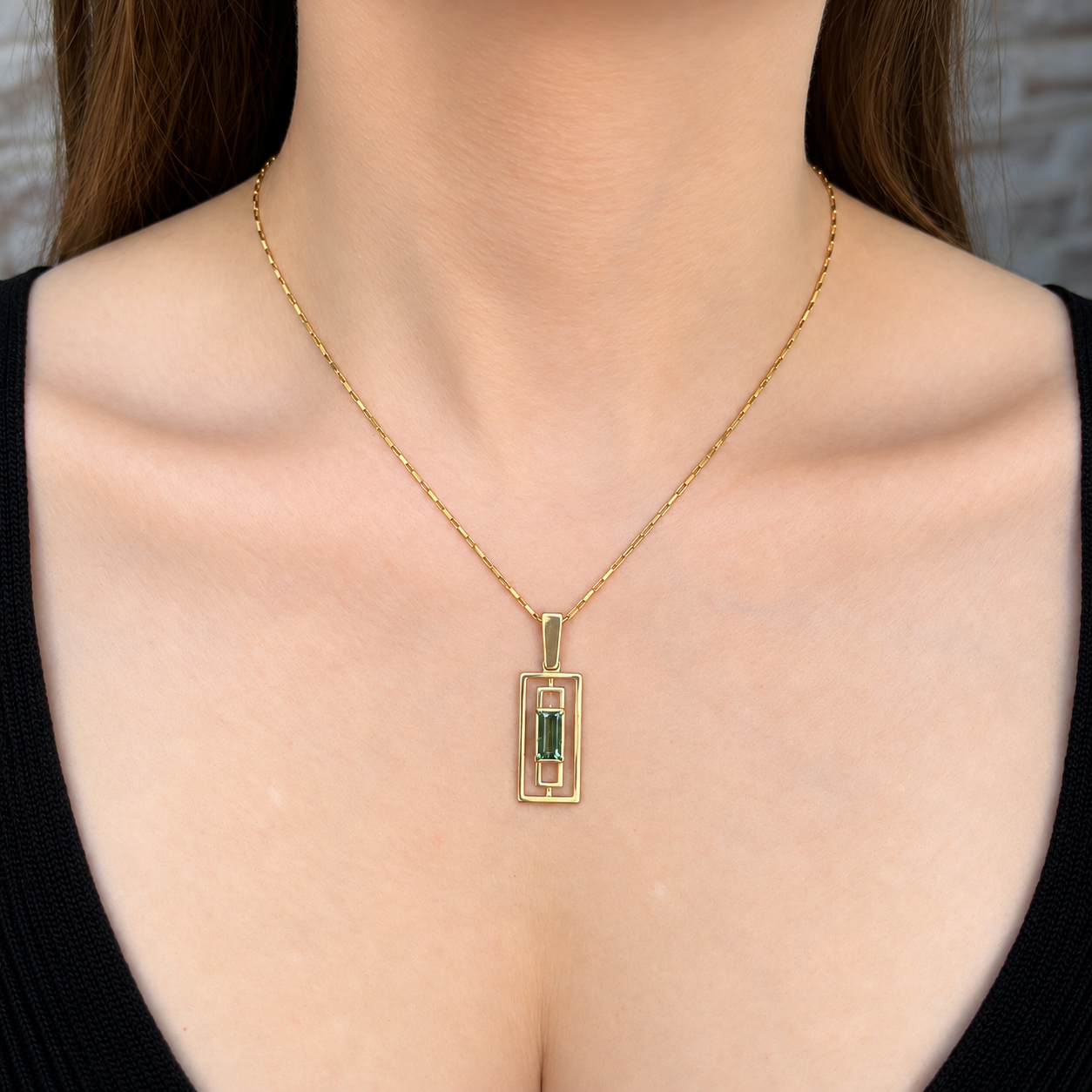 Green Tourmaline, Emerald cut geometric pendant Custom
