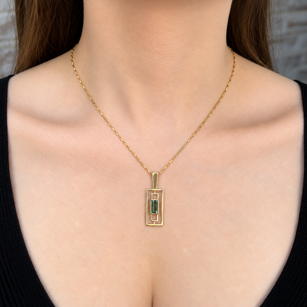 Natural Emerald Cut Green Tourmaline Pendant | 14K Yellow & White Gold