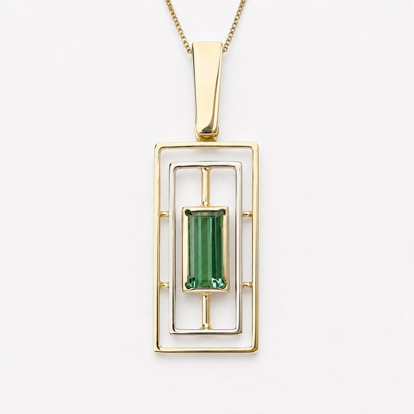 Green Tourmaline, Emerald cut geometric pendant Custom