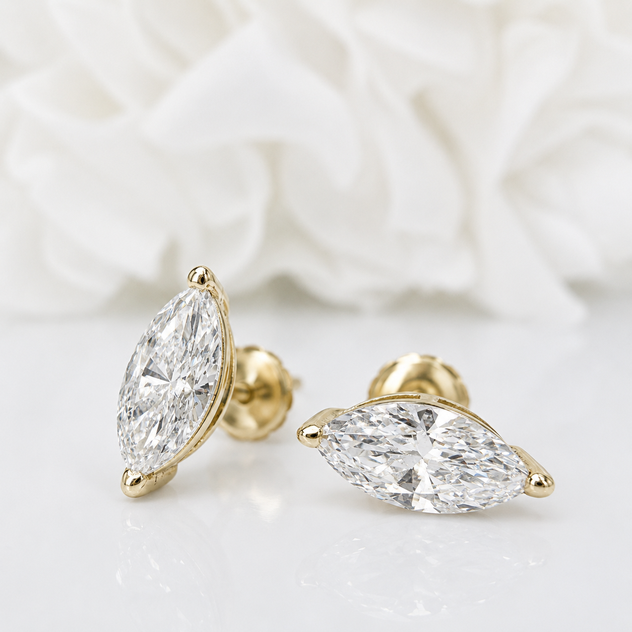 1.00 Total Carat Weight Marquise Cut Lab Grown Diamond Studs | 14K Yellow Gold