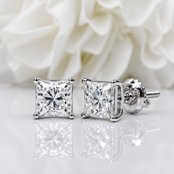 1.00 Total Carat Weight Princess Cut Lab Grown Diamond Stud Earrings | 14K White Gold