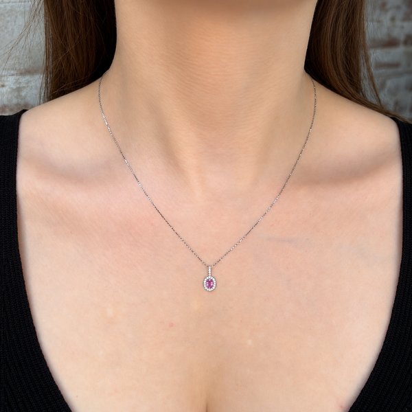 Natural Pink Oval Cut Sapphire & Diamond Halo Pendant | 14K White Gold