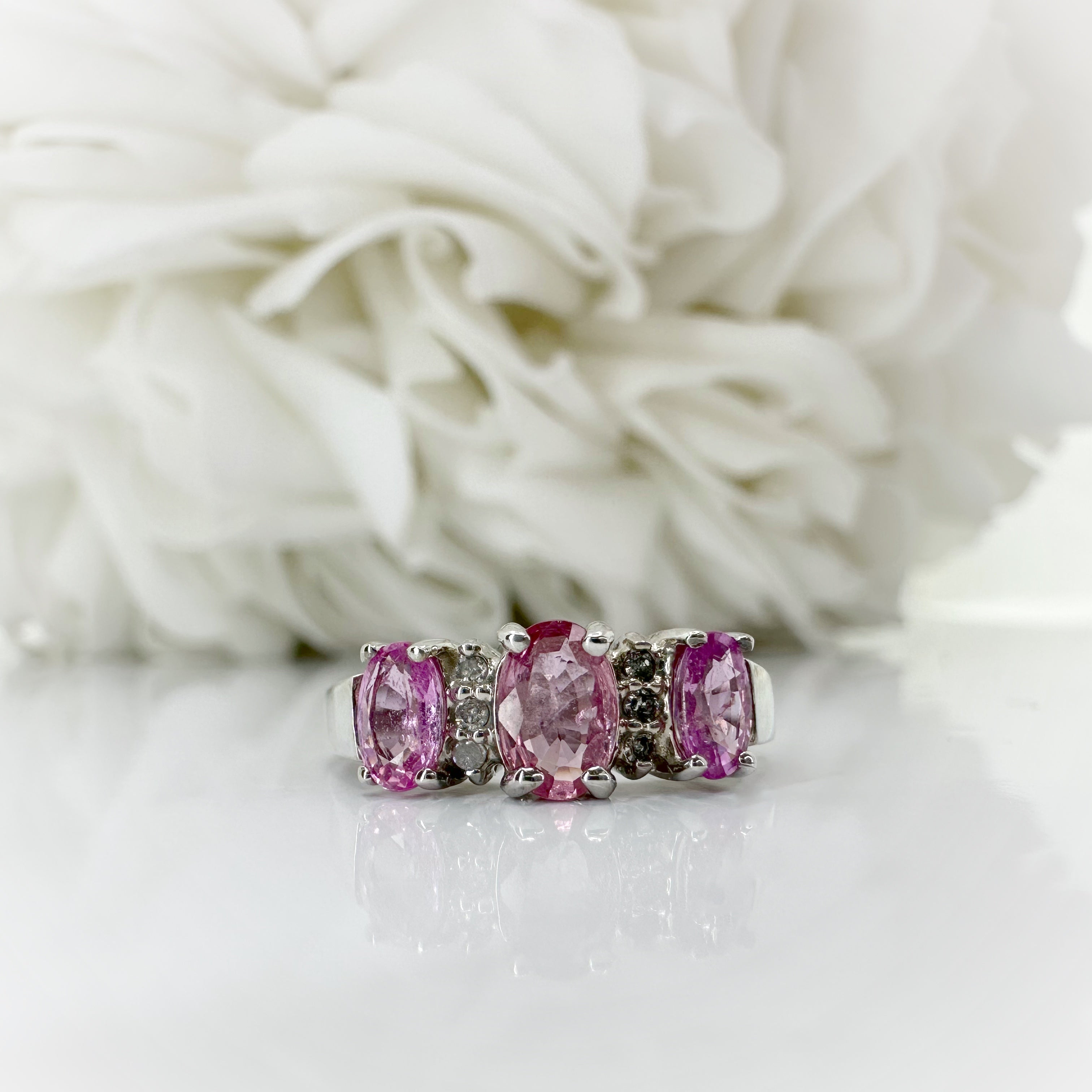 Vintage Tri-Stone Pink Sapphire & Diamond Ring | 10k White Gold