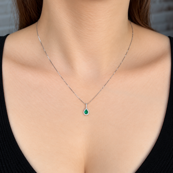 Natural Pear Cut Emerald Gemstone & Diamond Halo Pendant | 14K White Gold