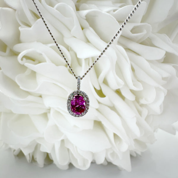 Natural Pink Oval Cut Sapphire & Diamond Halo Pendant | 14K White Gold