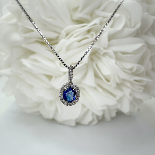 Natural Oval Cut Sapphire & Diamond Halo Pendant | 14K White Gold