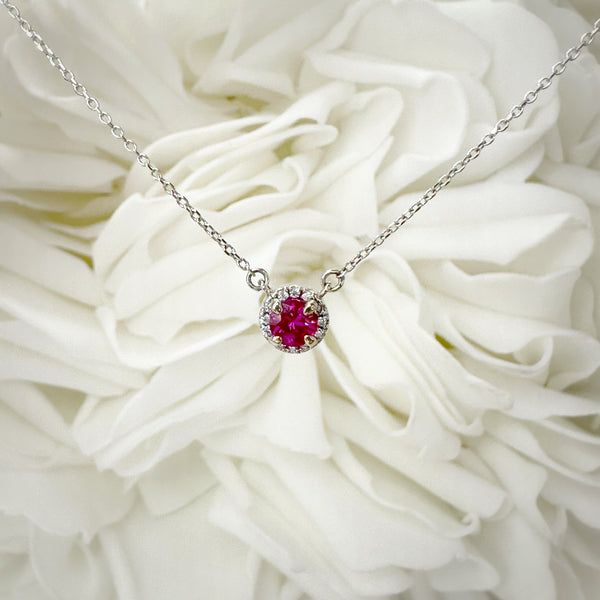 Natural Ruby & Diamond Halo Necklace | 14K White Gold
