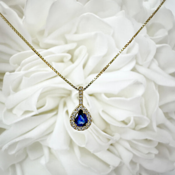 Natural Pear Cut Sapphire & Diamond Halo Pendant | 14K Yellow Gold
