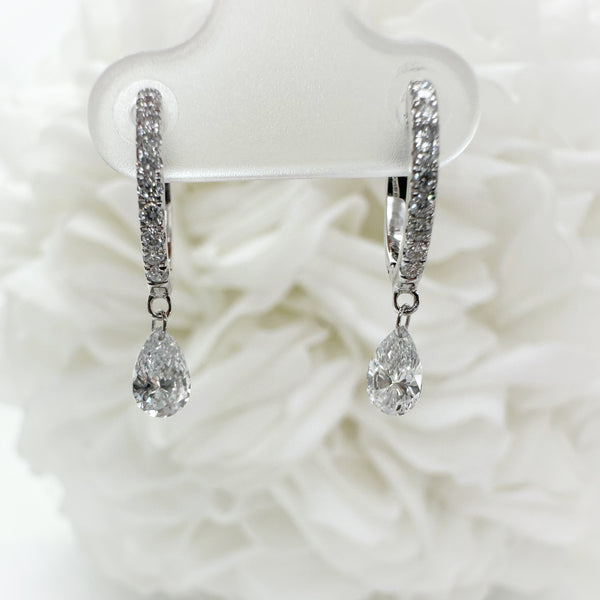 1.00 Total Carat Weight Lab Grown Diamond Huggie Earrings With Pear Drops | 10K White Gold
