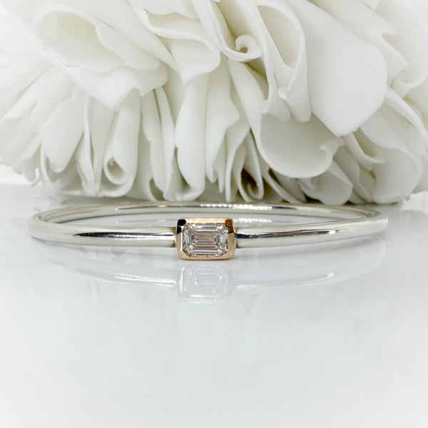 Custom Designed Bezel Set Emerald Cut Lab Grown Diamond Bangle | Sterling Silver & 18K Rose Gold