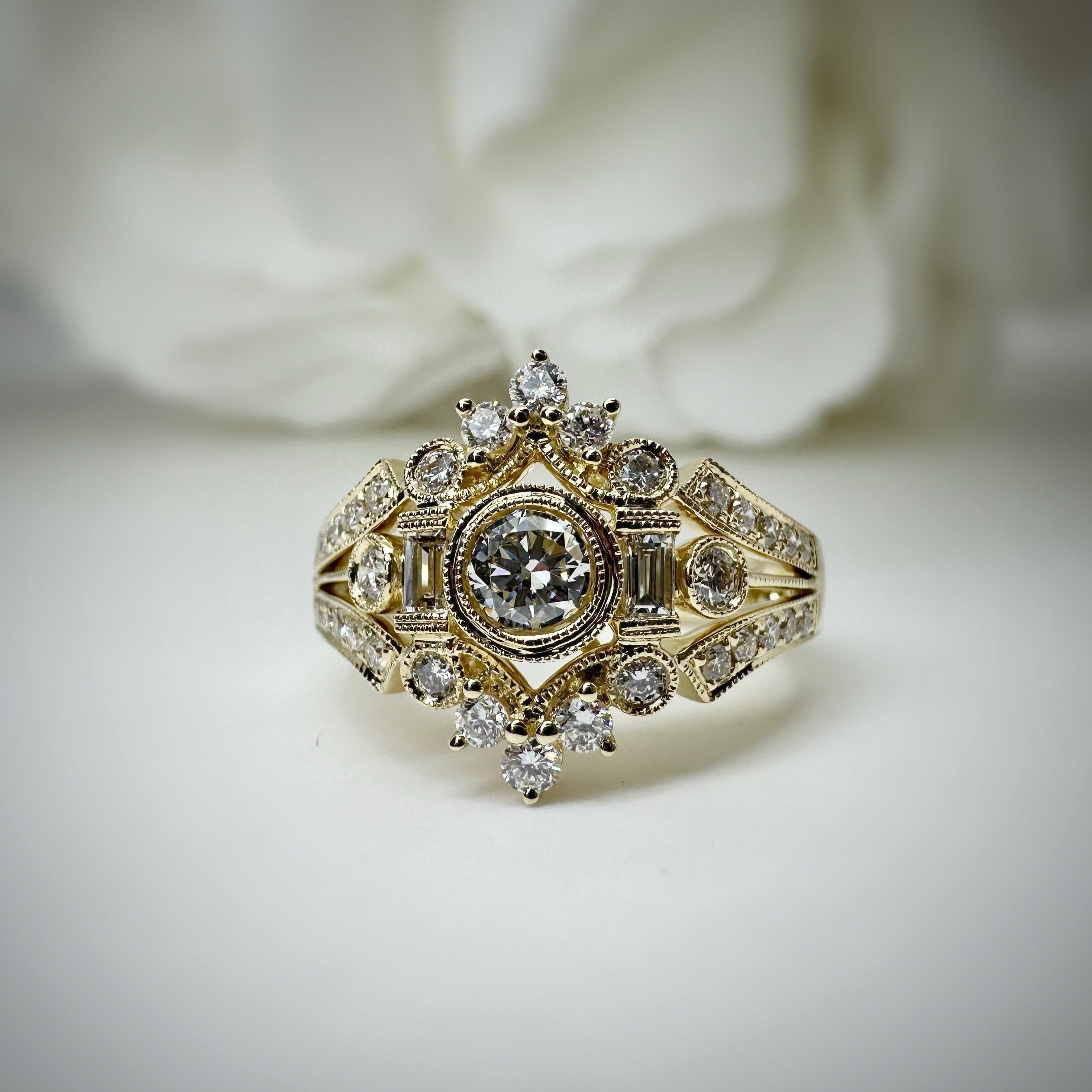Vintage Inspired Round and Baguette Diamond Engagement Ring