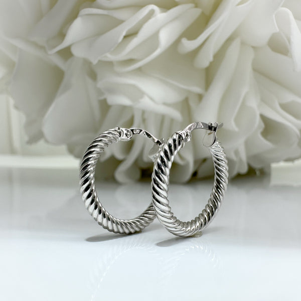Hollow Twisted Hoop Earrings | 10K White Gold