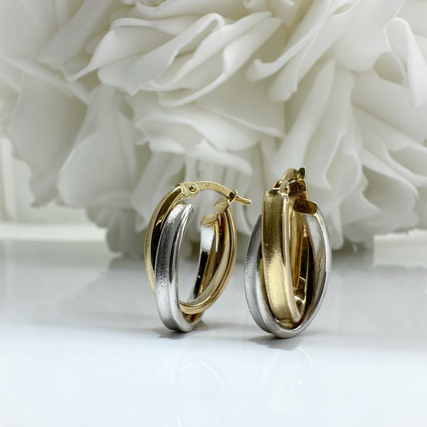 Two Tone Double Oval Hoop Earring | 10K Yellow & White Gold
