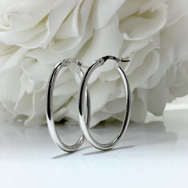 Elongated Oval Hollow Hoop Earrings | 14K White Gold