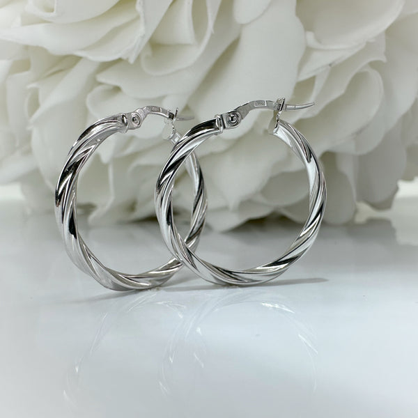 Twisted Hollow Hoop Earrings | 14K White Gold