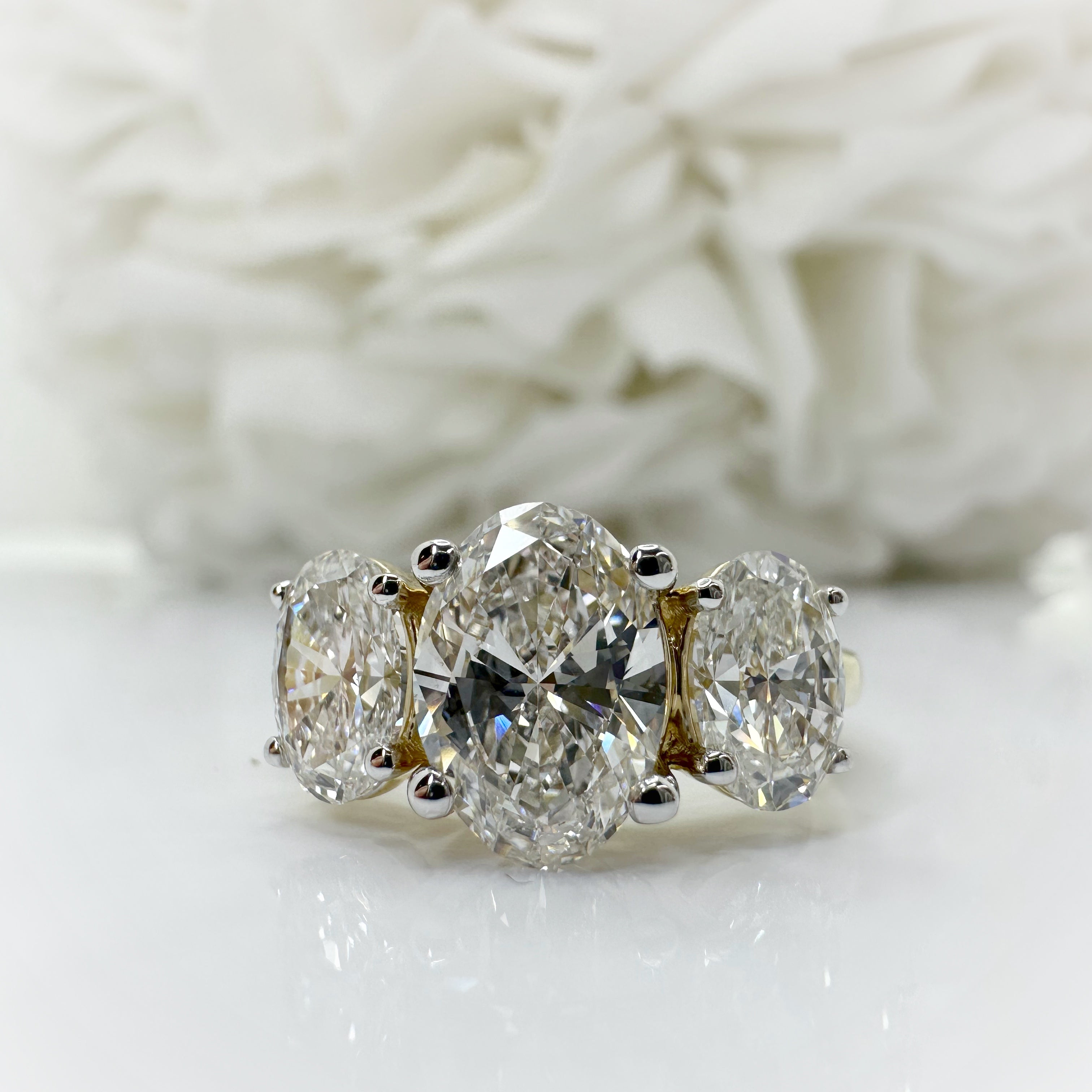 3.00 Total Carat Weight 3 Stone Oval Cut Lab Grown Diamond Engagement Ring | 14k Yellow Gold