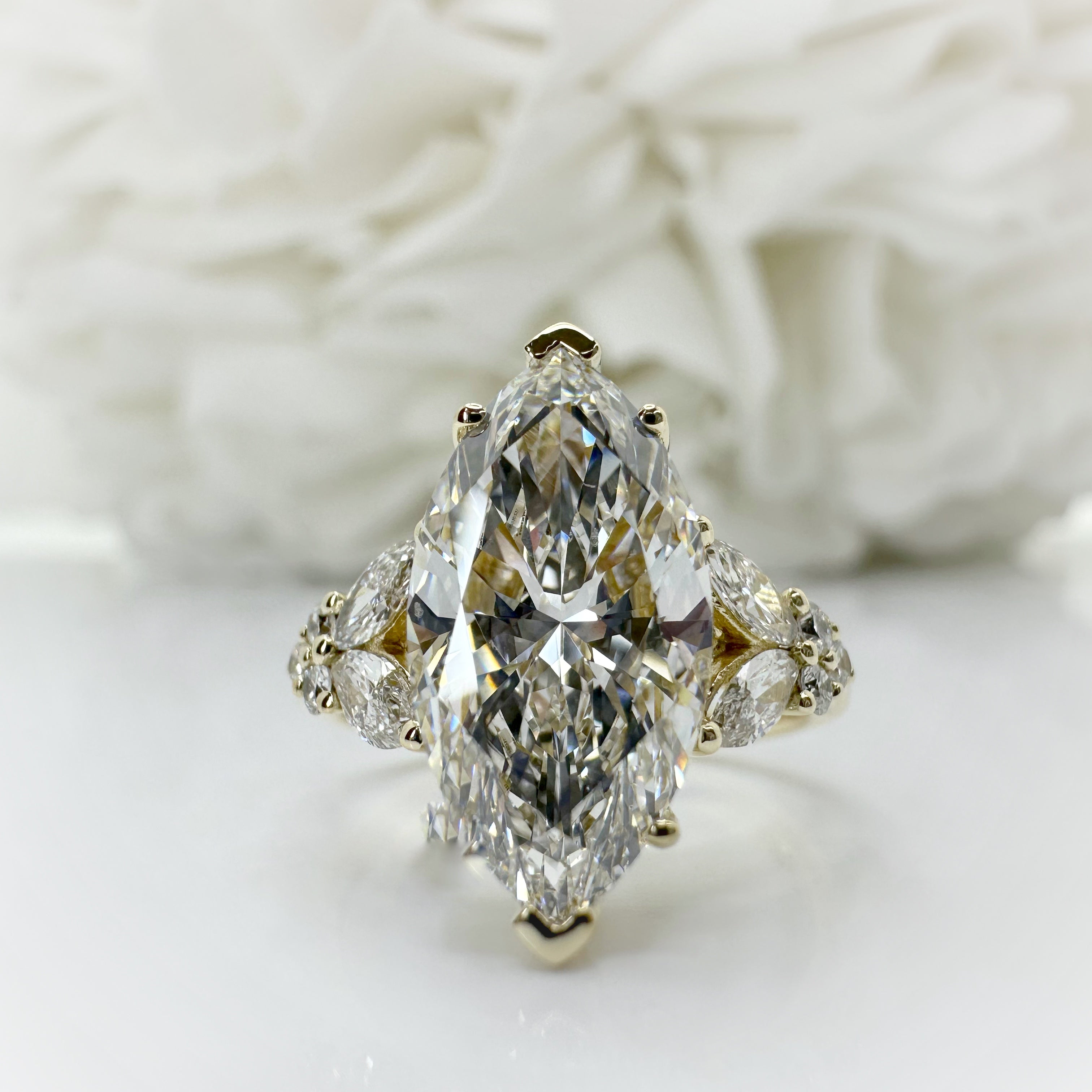 3.60 Total Carat Weight Marquise Cut Lab Grown Diamond Accented Engagement Ring | 14k Yellow Gold