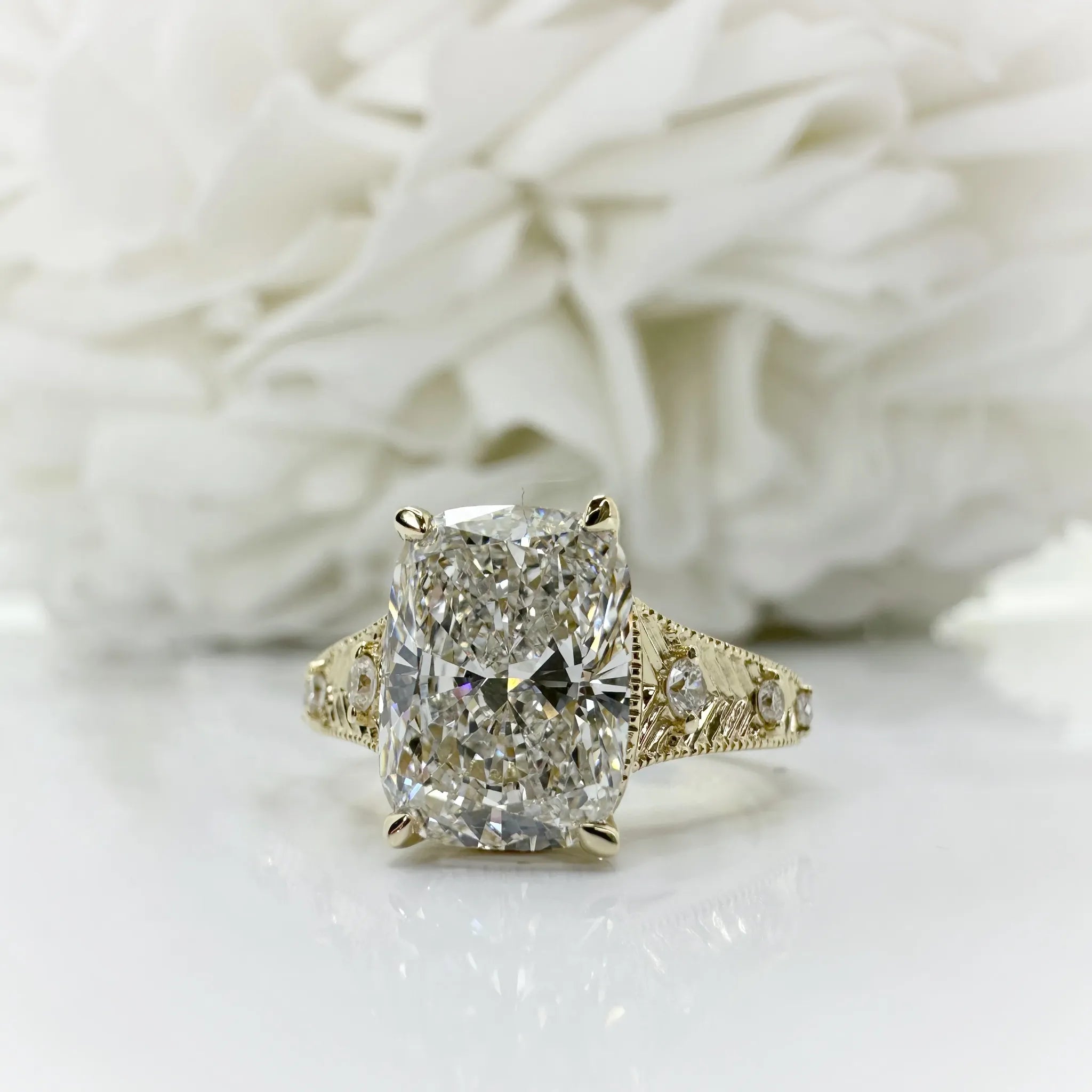 3.00 Carat Elongated Cushion Cut Lab Grown Diamond Etched Engagement Ring | 14K Yellow Gold